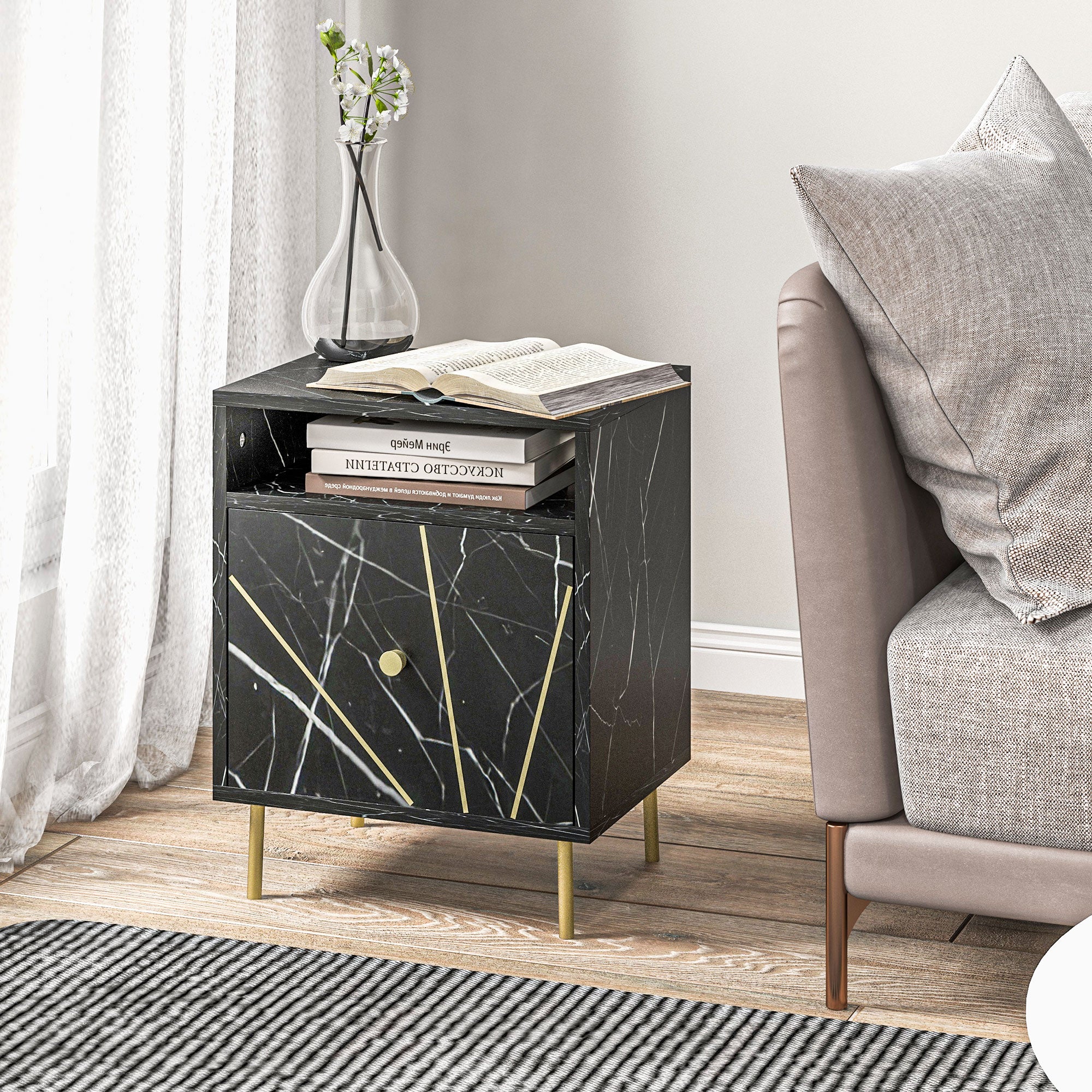 Mesinha de Cabeceira Moderna com Efeito Mármore 39x30x50 cm - Preto