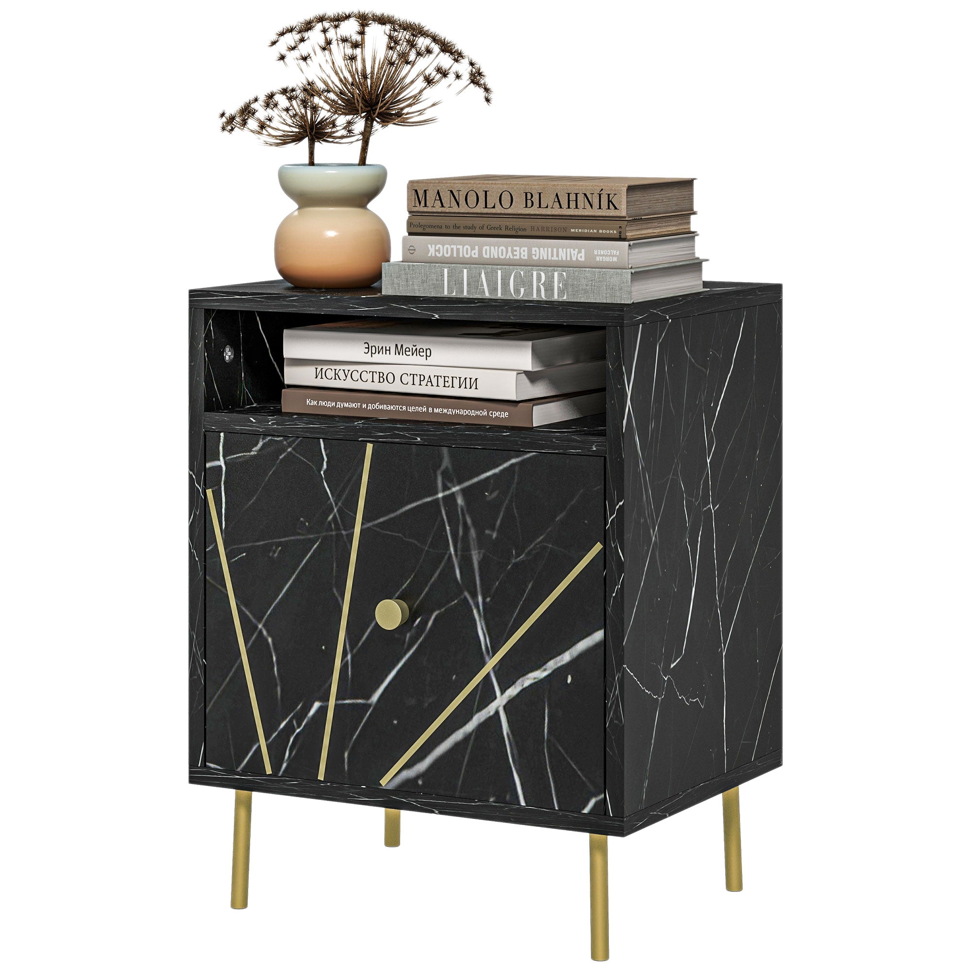 Mesinha de Cabeceira Moderna com Efeito Mármore 39x30x50 cm - Preto