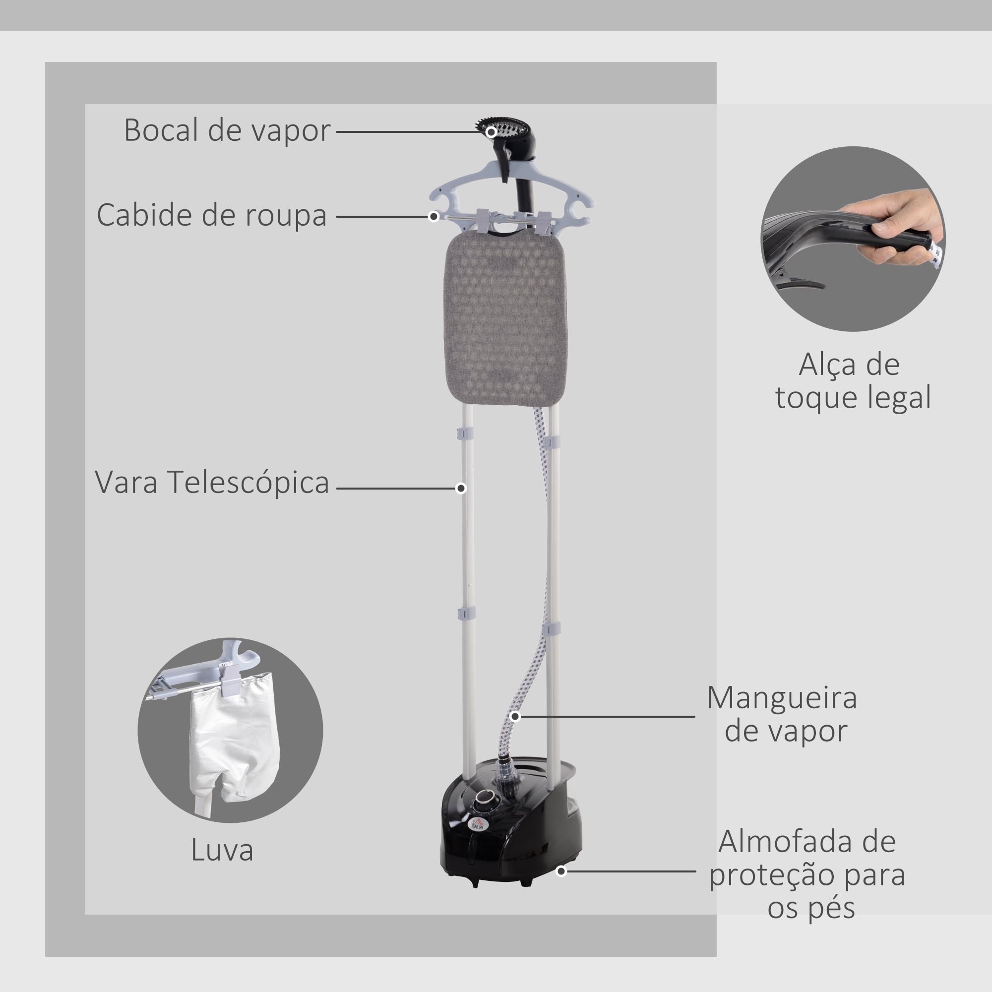 Ferro de Engomar a Vapor – 35x25x47-118,5 cm – Preto e Cinza – Plástico ABS e PP