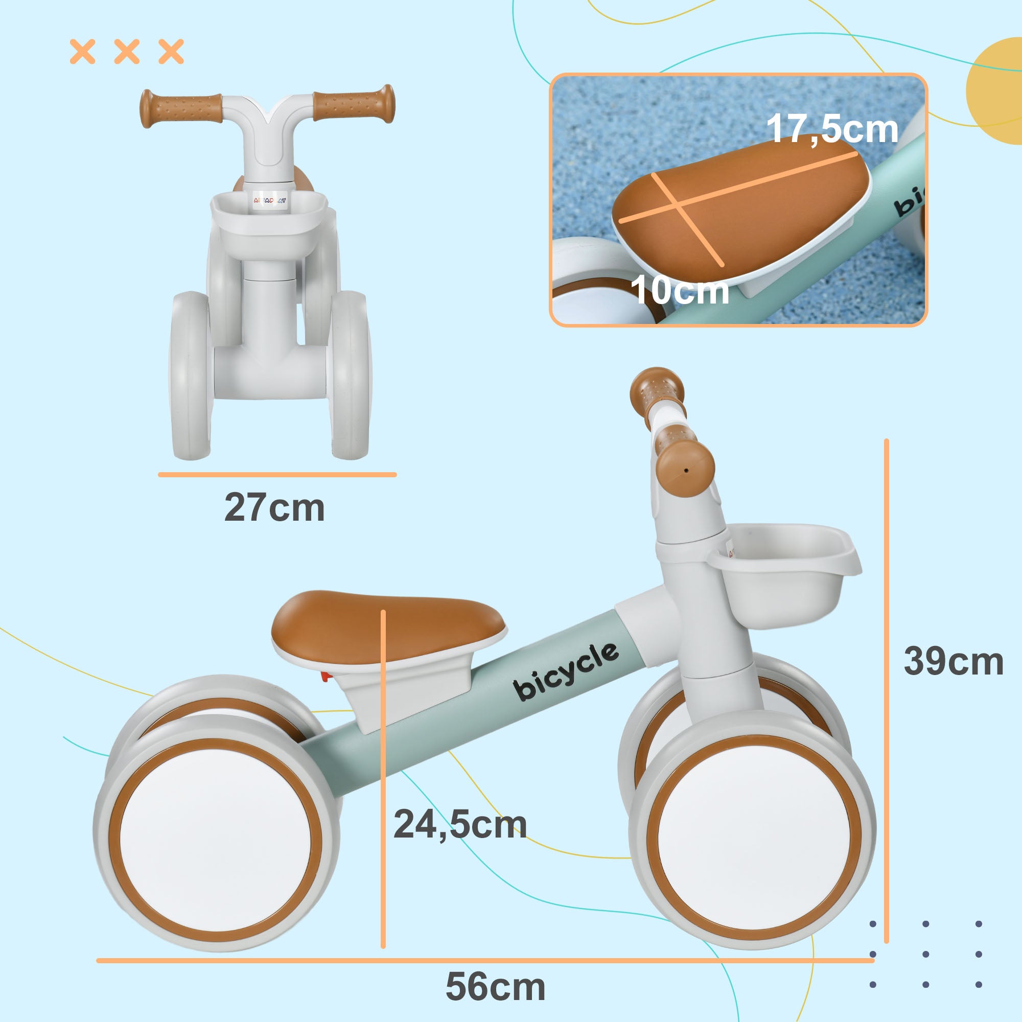 Bicicleta de Equilíbrio Verde para Crianças de 1 a 3 Anos - 56x27x39 cm