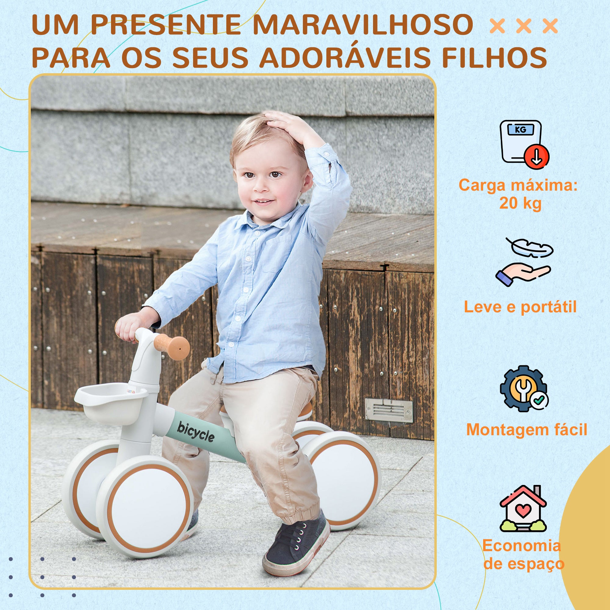 Bicicleta de Equilíbrio Verde para Crianças de 1 a 3 Anos - 56x27x39 cm