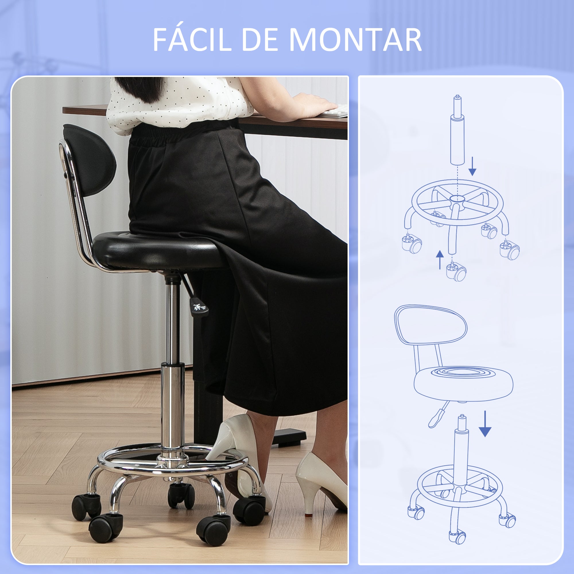 Banco Giratório com Rodas e Encosto Ajustável – 32x40x70x70-86 cm – Preto – Couro sintético