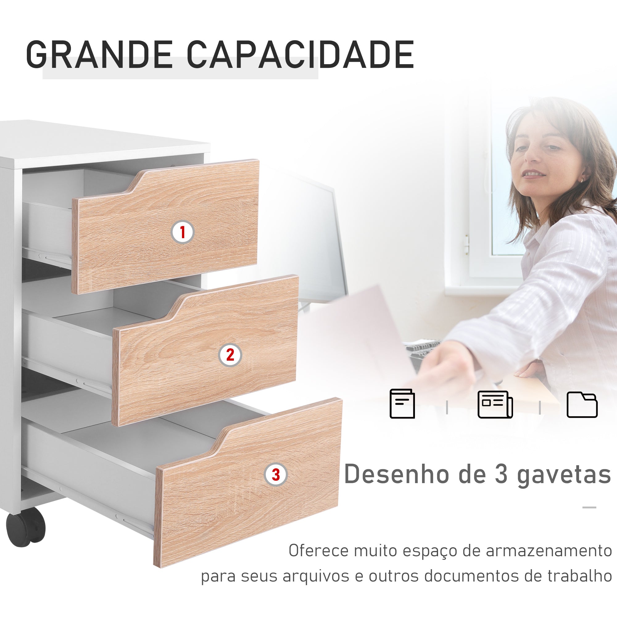 Bloco de Gavetas com 3 Gavetas e 4 Rodas 40x50x57,5 cm - Madeira e Branco