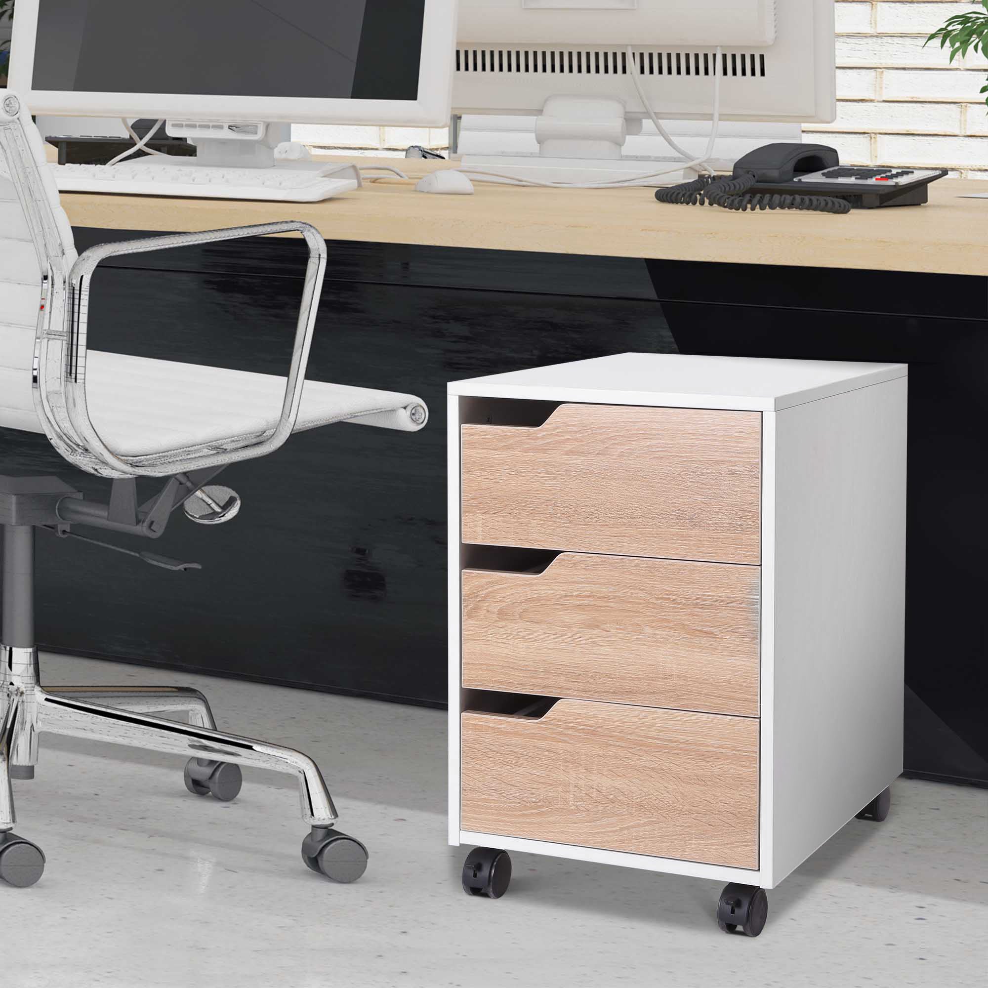 Bloco de Gavetas com 3 Gavetas e 4 Rodas 40x50x57,5 cm - Madeira e Branco