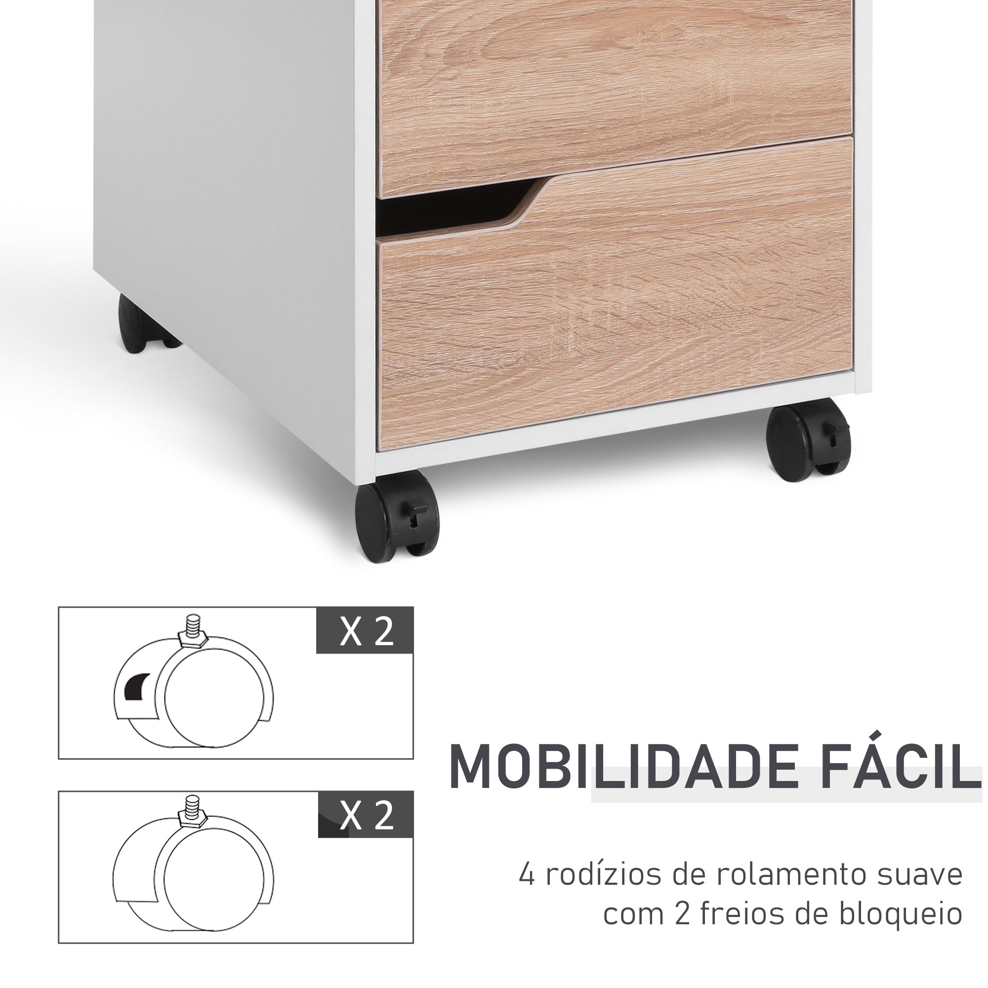 Bloco de Gavetas com 3 Gavetas e 4 Rodas 40x50x57,5 cm - Madeira e Branco