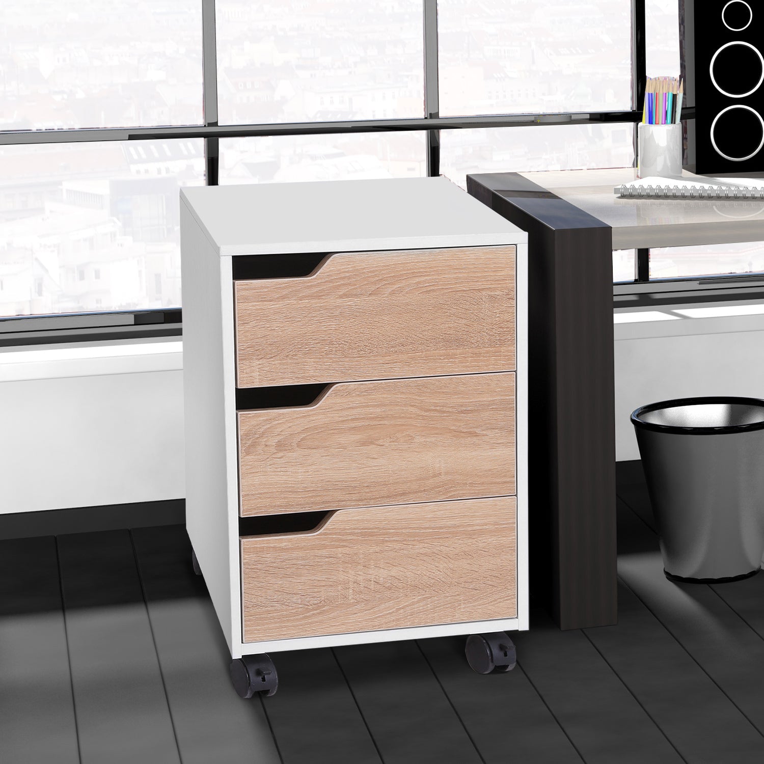 Bloco de Gavetas com 3 Gavetas e 4 Rodas 40x50x57,5 cm - Madeira e Branco
