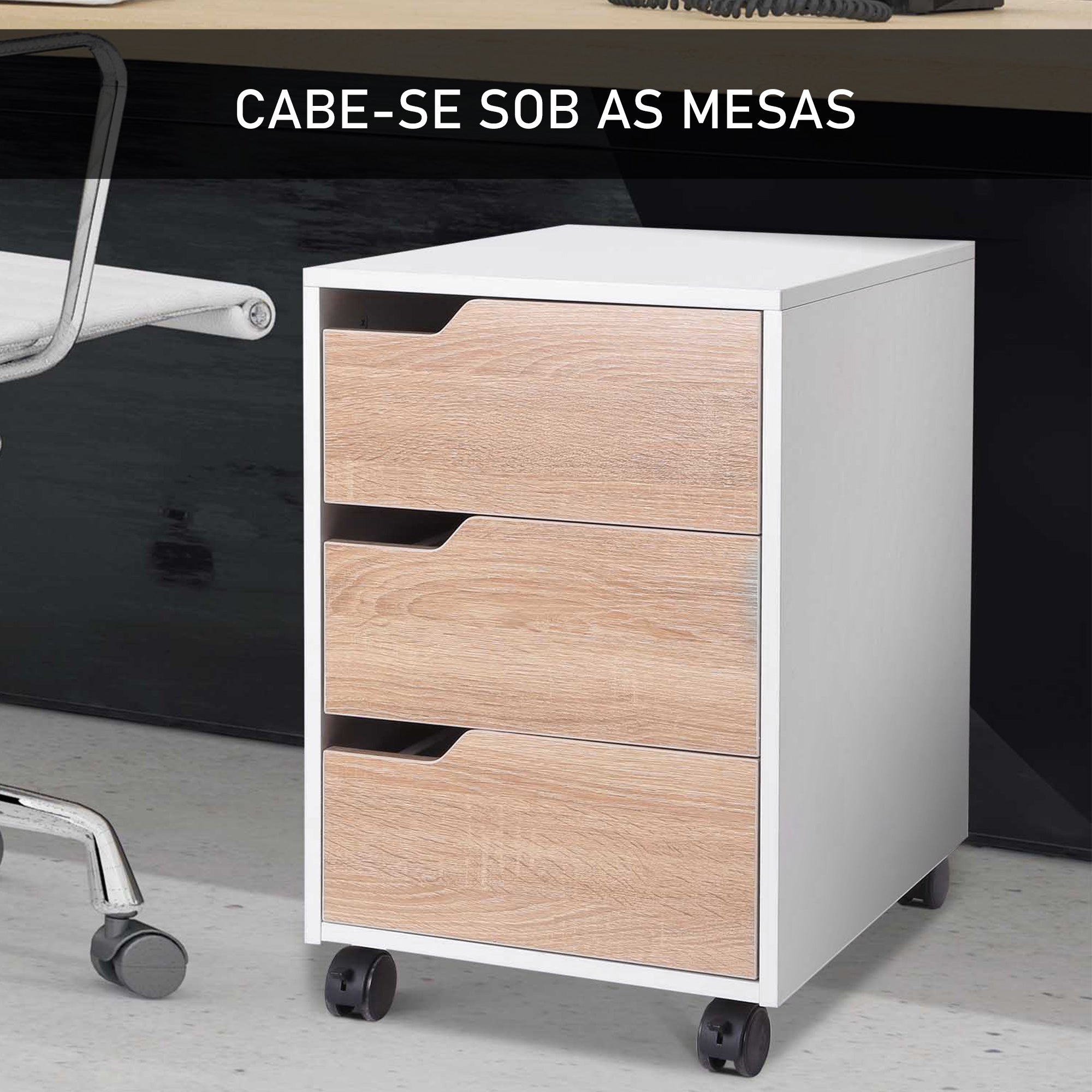 Bloco de Gavetas com 3 Gavetas e 4 Rodas 40x50x57,5 cm - Madeira e Branco