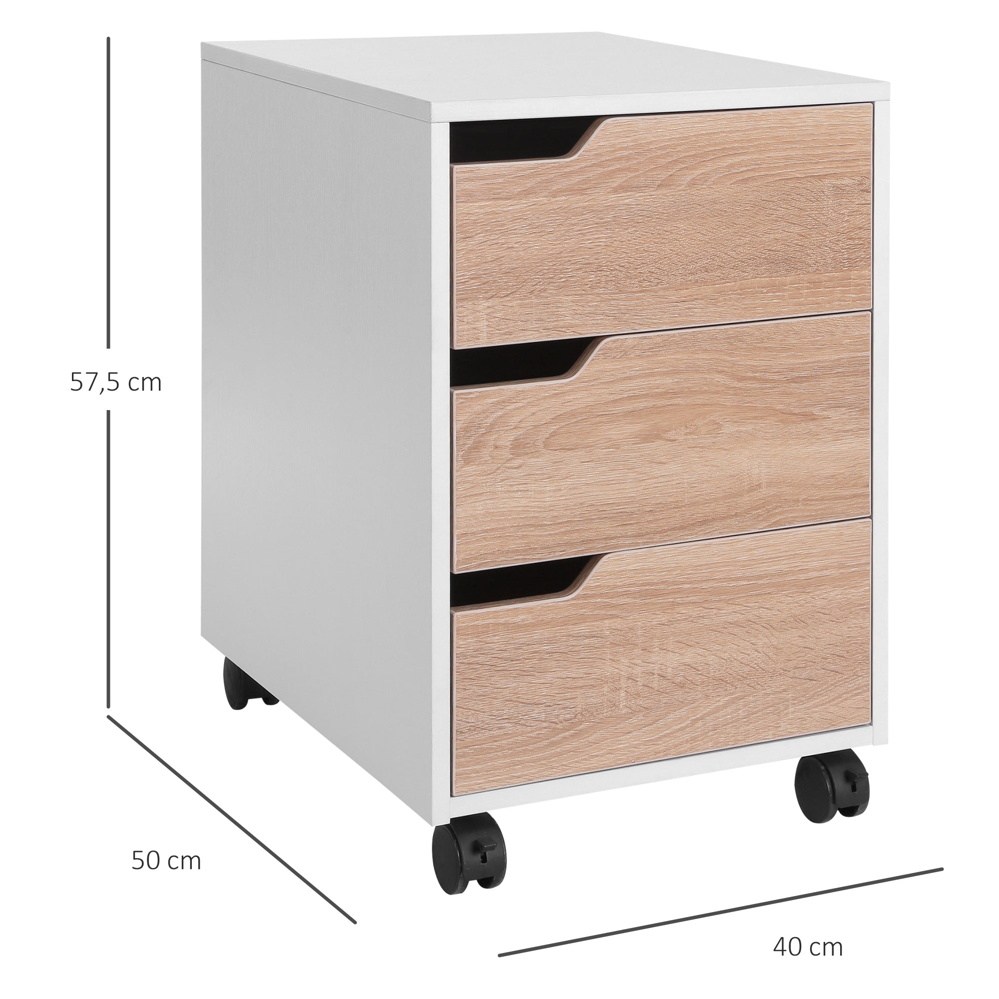 Bloco de Gavetas com 3 Gavetas e 4 Rodas 40x50x57,5 cm - Madeira e Branco