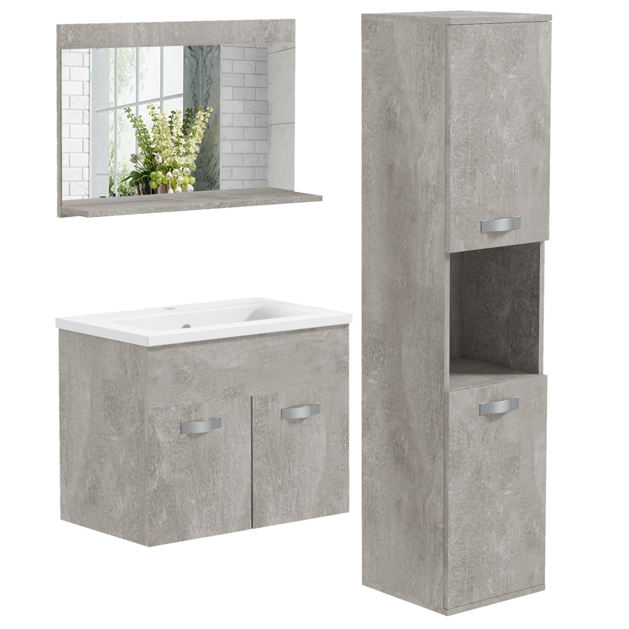 Conjunto de Móveis para Casa de Banho Cinzento 30x30x131.5 cm - Espelho, Móvel com Lavatório e Coluna