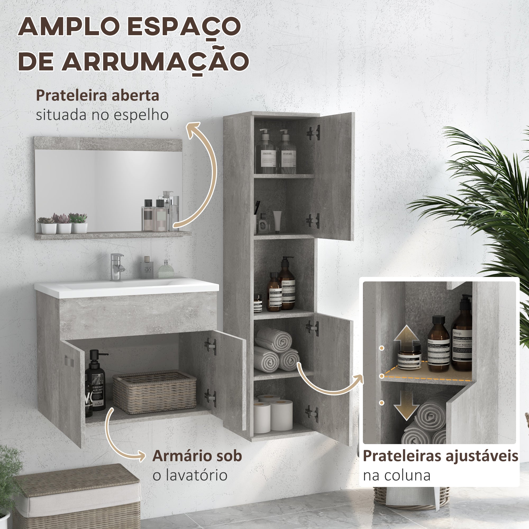 Conjunto de Móveis para Casa de Banho Cinzento 30x30x131.5 cm - Espelho, Móvel com Lavatório e Coluna