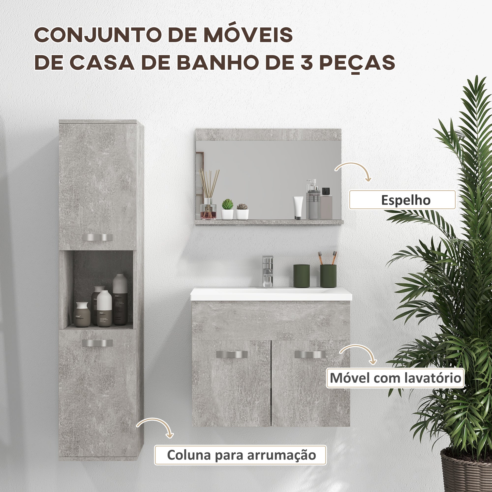 Conjunto de Móveis para Casa de Banho Cinzento 30x30x131.5 cm - Espelho, Móvel com Lavatório e Coluna