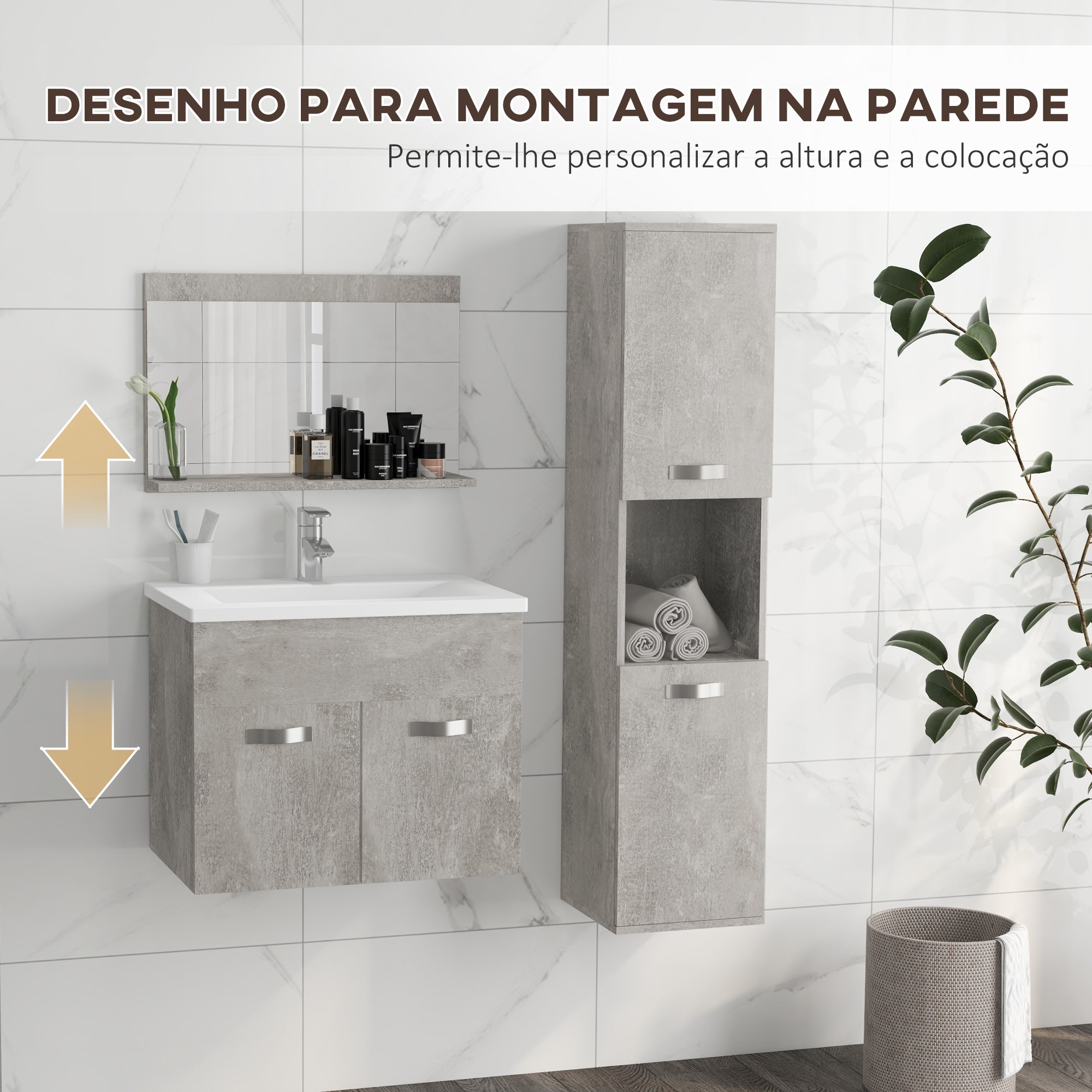 Conjunto de Móveis para Casa de Banho Cinzento 30x30x131.5 cm - Espelho, Móvel com Lavatório e Coluna