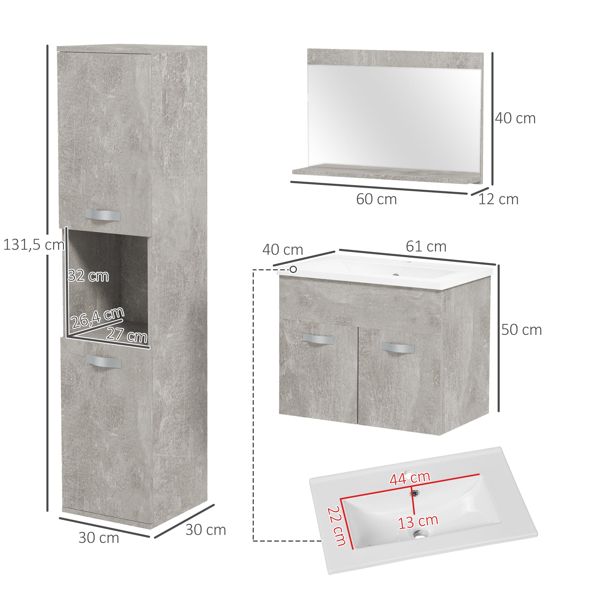 Conjunto de Móveis para Casa de Banho Cinzento 30x30x131.5 cm - Espelho, Móvel com Lavatório e Coluna
