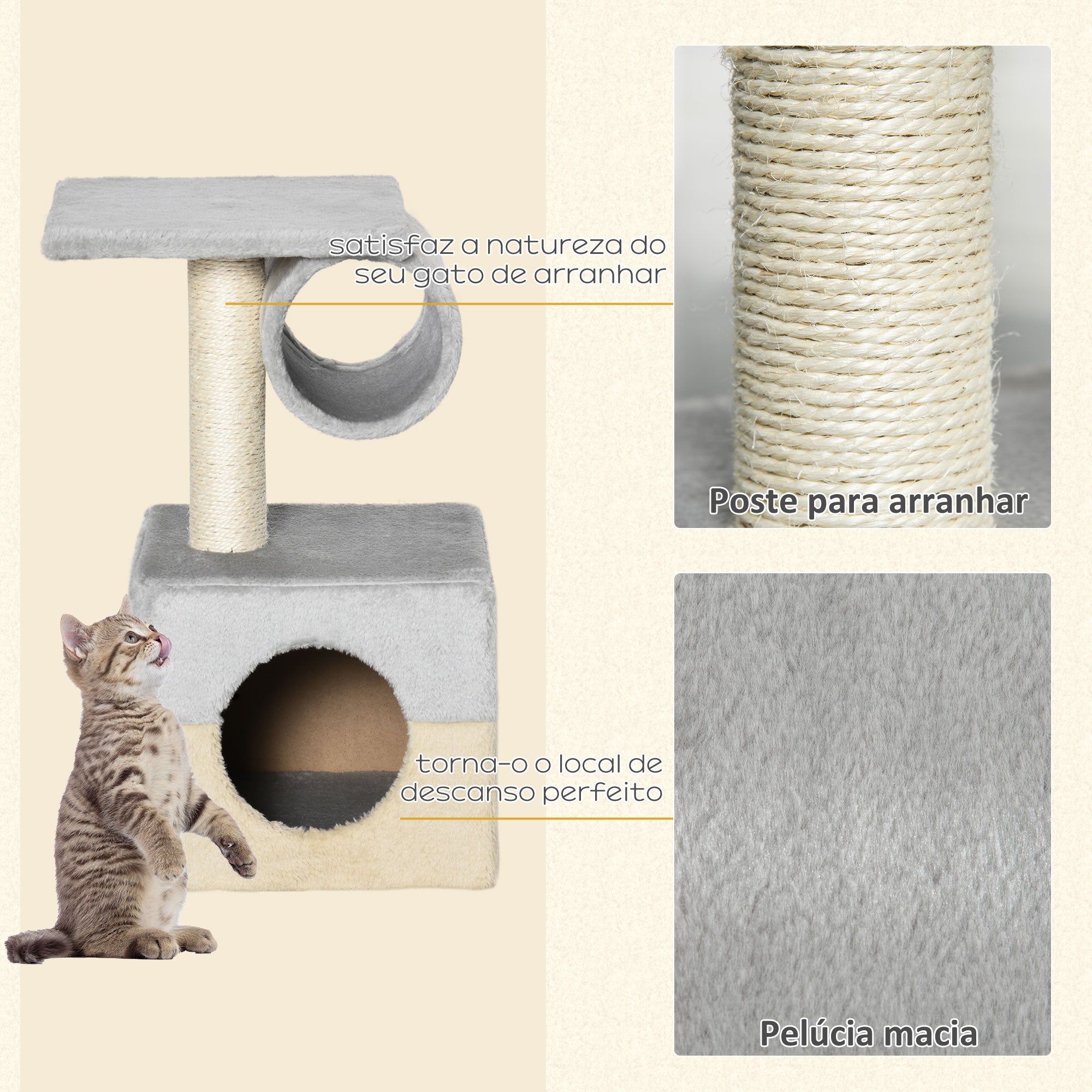 Arranhador para Gatos com Poste de Sisal 31x31x58 cm Cinza e Bege