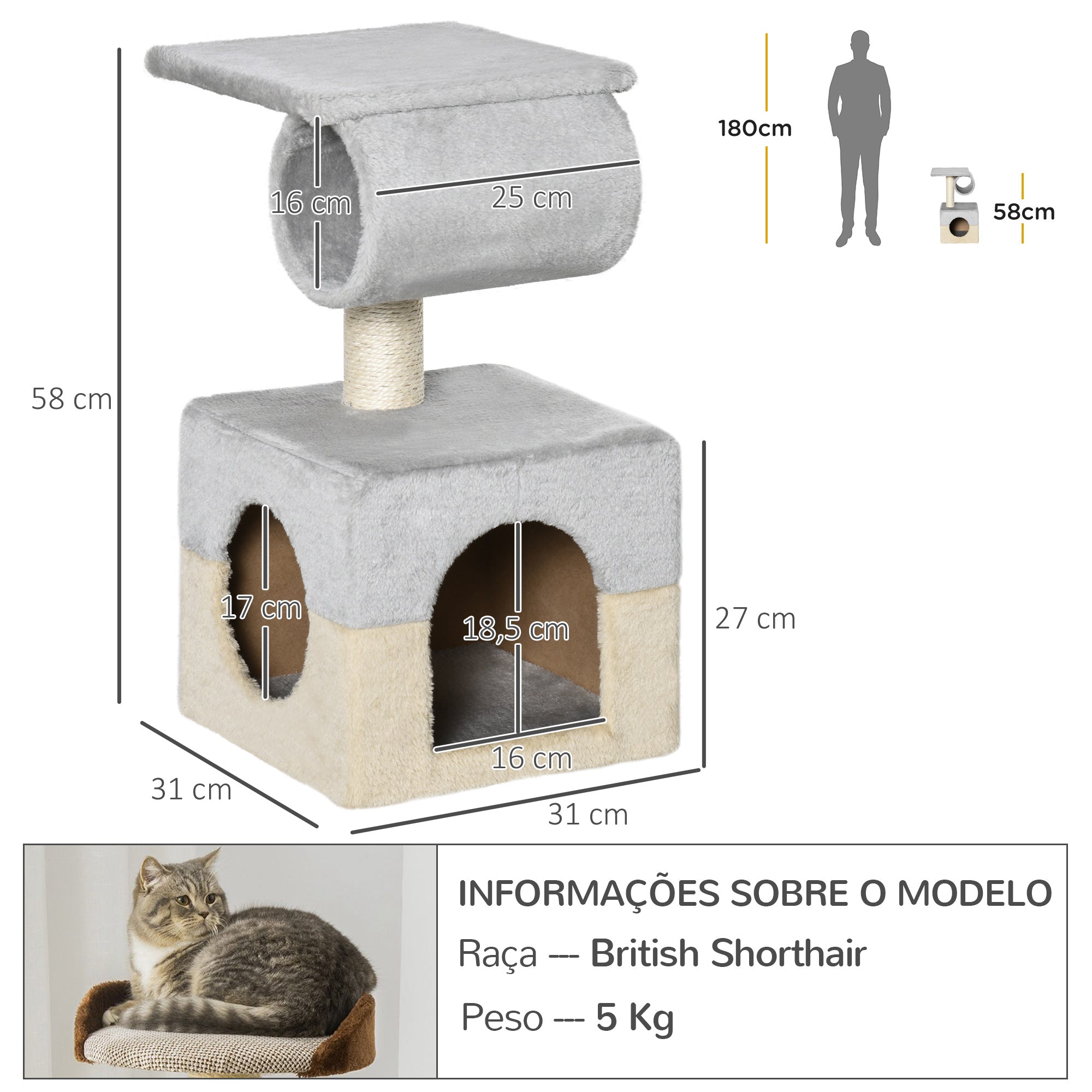 Arranhador para Gatos com Poste de Sisal 31x31x58 cm Cinza e Bege