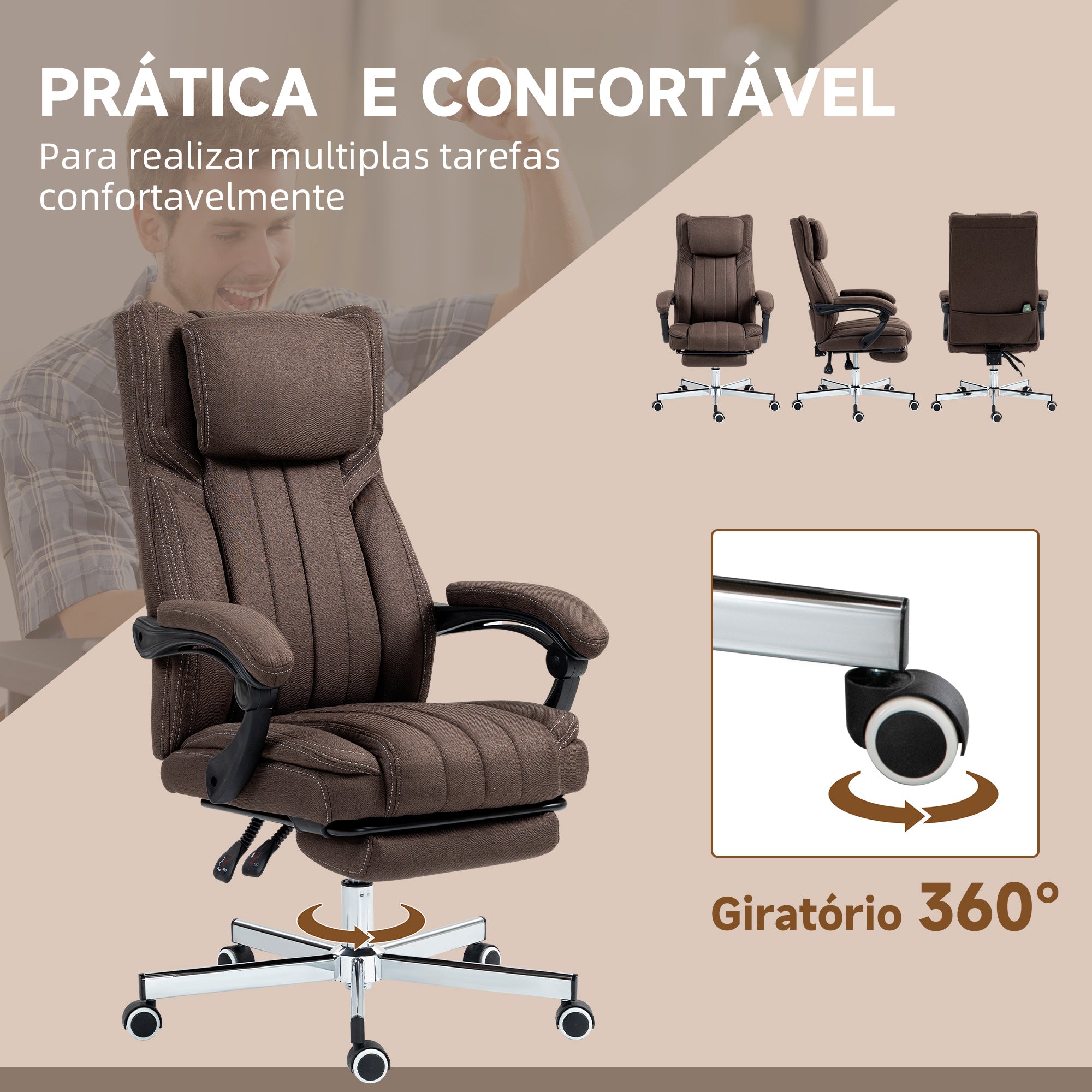 Cadeira de Escritório com Massagem por Vibração 6 Pontos Marrom Escuro 65x61x101-113 cm
