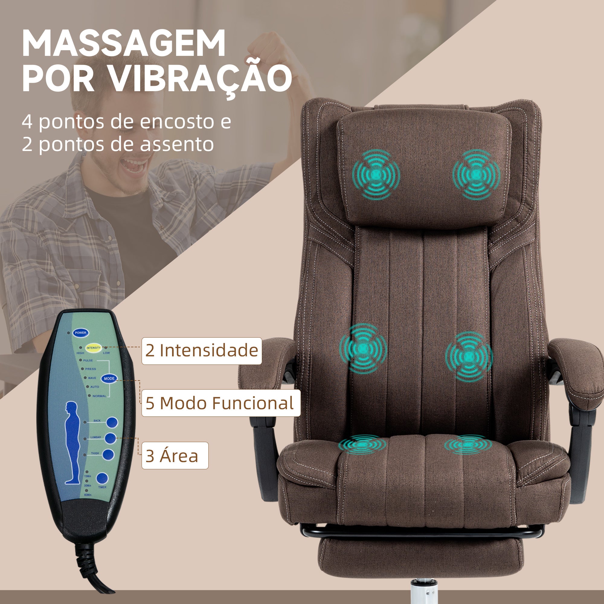 Cadeira de Escritório com Massagem por Vibração 6 Pontos Marrom Escuro 65x61x101-113 cm