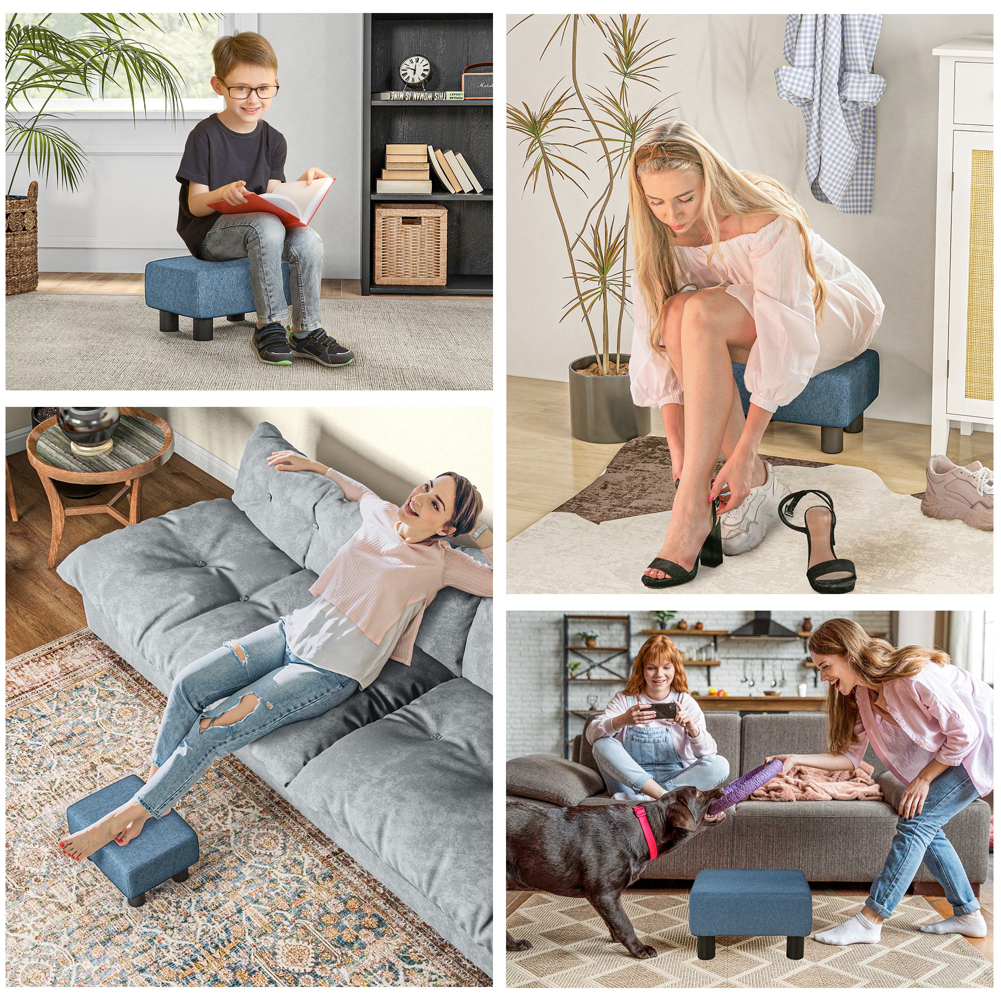 Banco Baixo em Linho Azul 40x30x24 cm