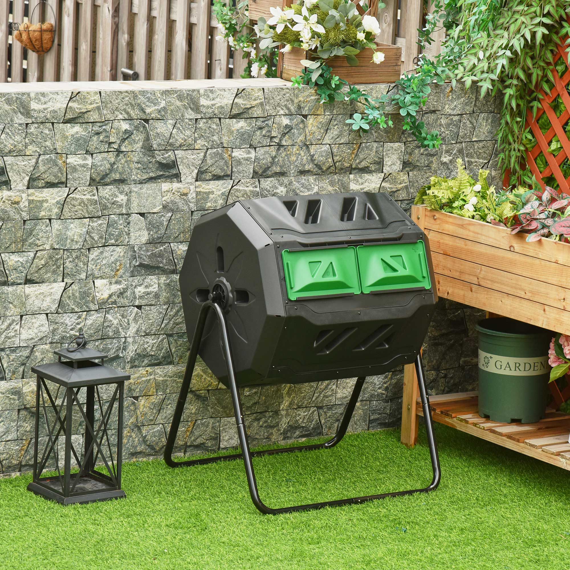 Compostor de Tambor Giratório 160L 71x64x92cm Preto e Verde – Aço e Plástico