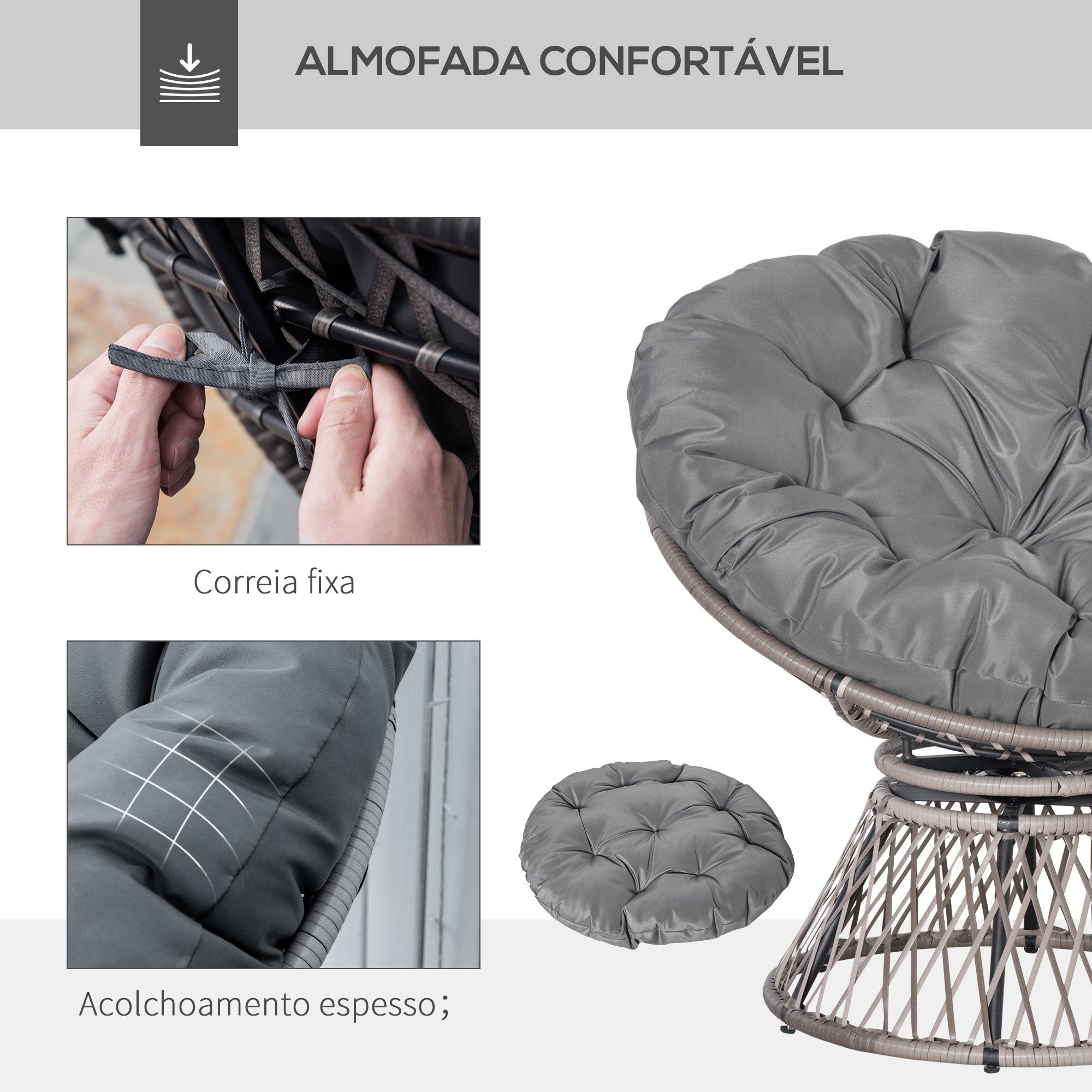 Poltrona Papasan Giratória de Vime Sintético Cinza 87x97x90 cm