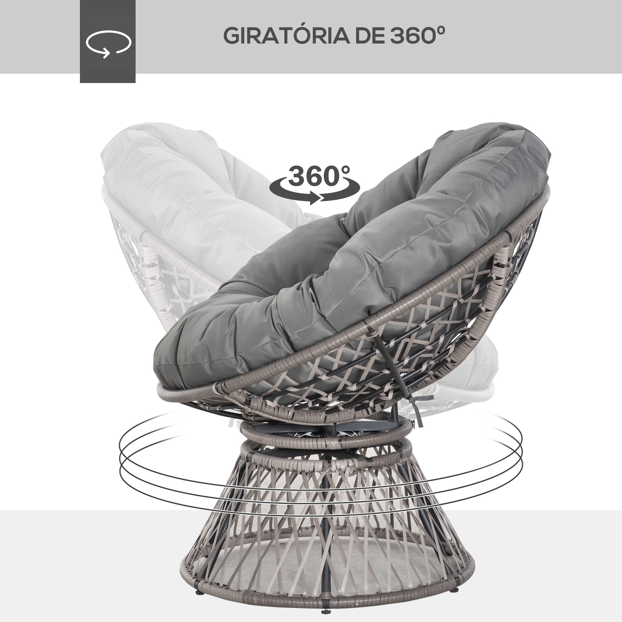 Poltrona Papasan Giratória de Vime Sintético Cinza 87x97x90 cm