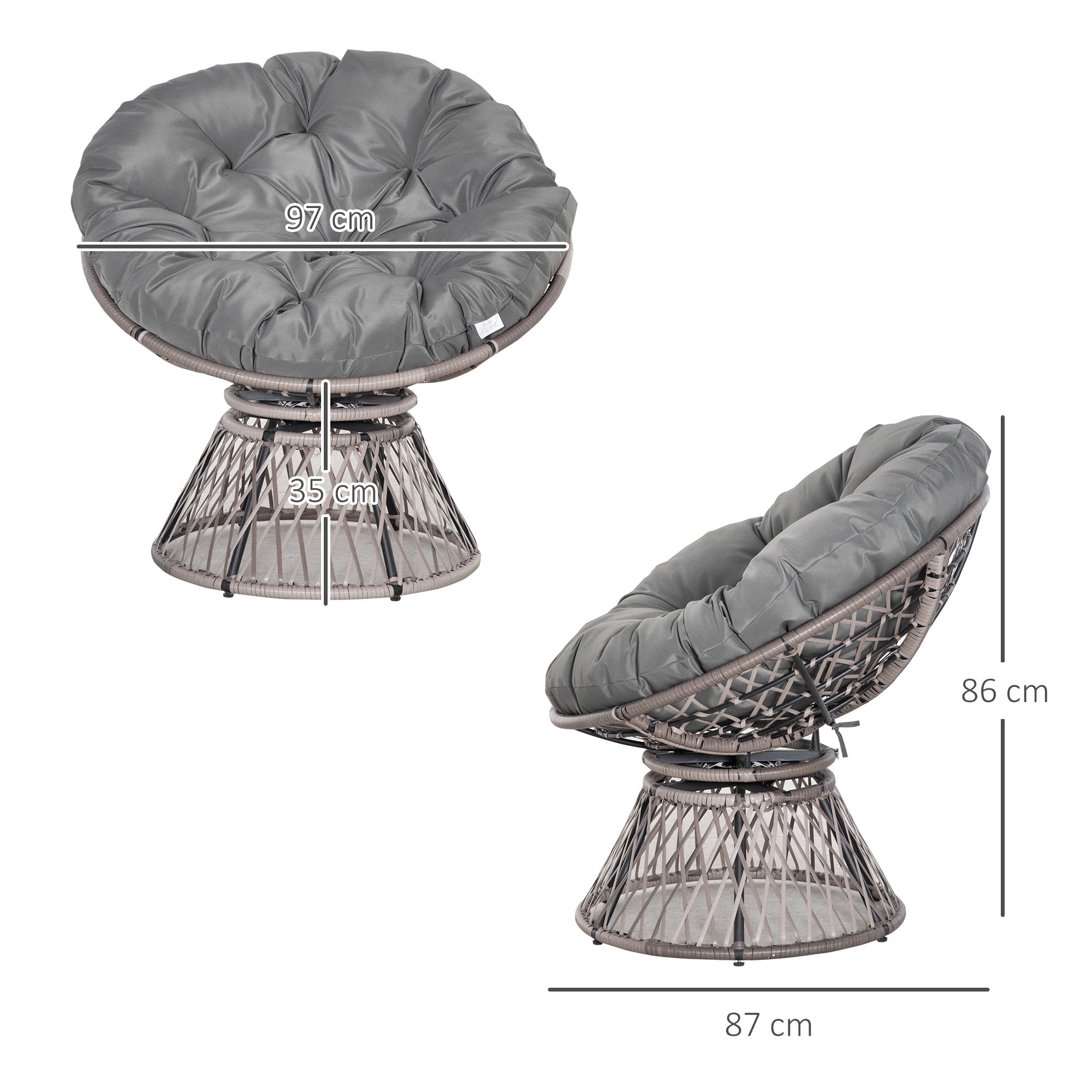 Poltrona Papasan Giratória de Vime Sintético Cinza 87x97x90 cm