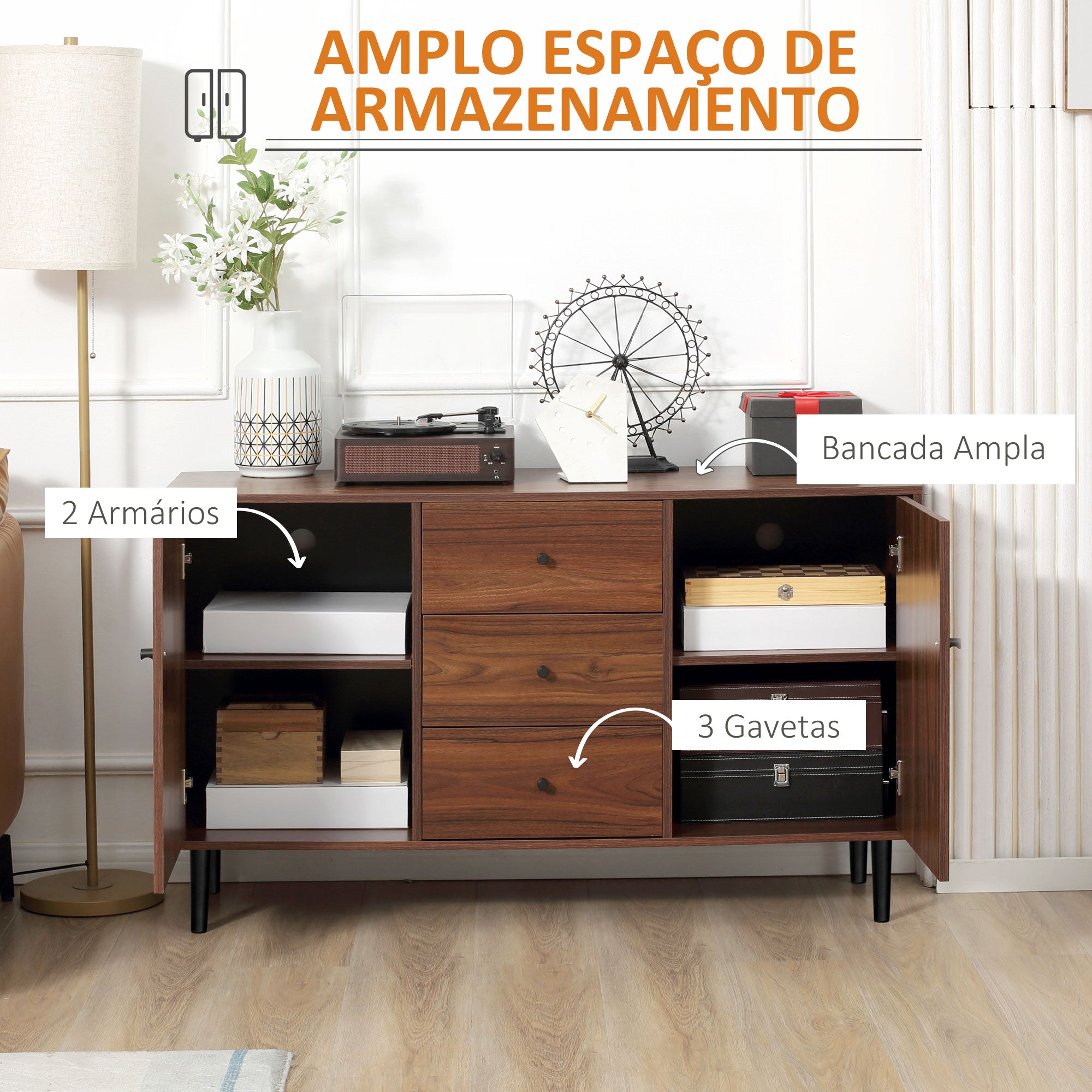 Aparador Buffet Moderno 127x40x76cm Castanho Avermelhado e Preto