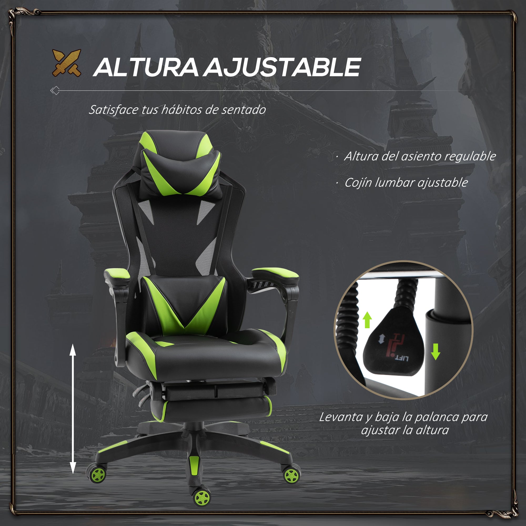 Cadeira Ergonómica Gaming com Encosto Ajustável 65x70x117-125cm Verde