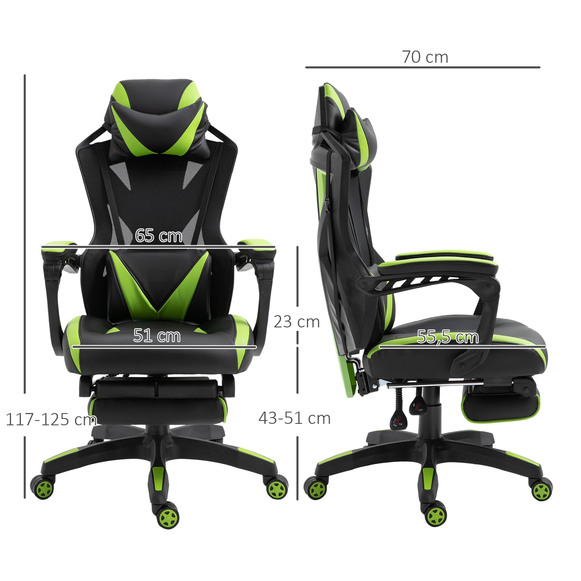 Cadeira Ergonómica Gaming com Encosto Ajustável 65x70x117-125cm Verde