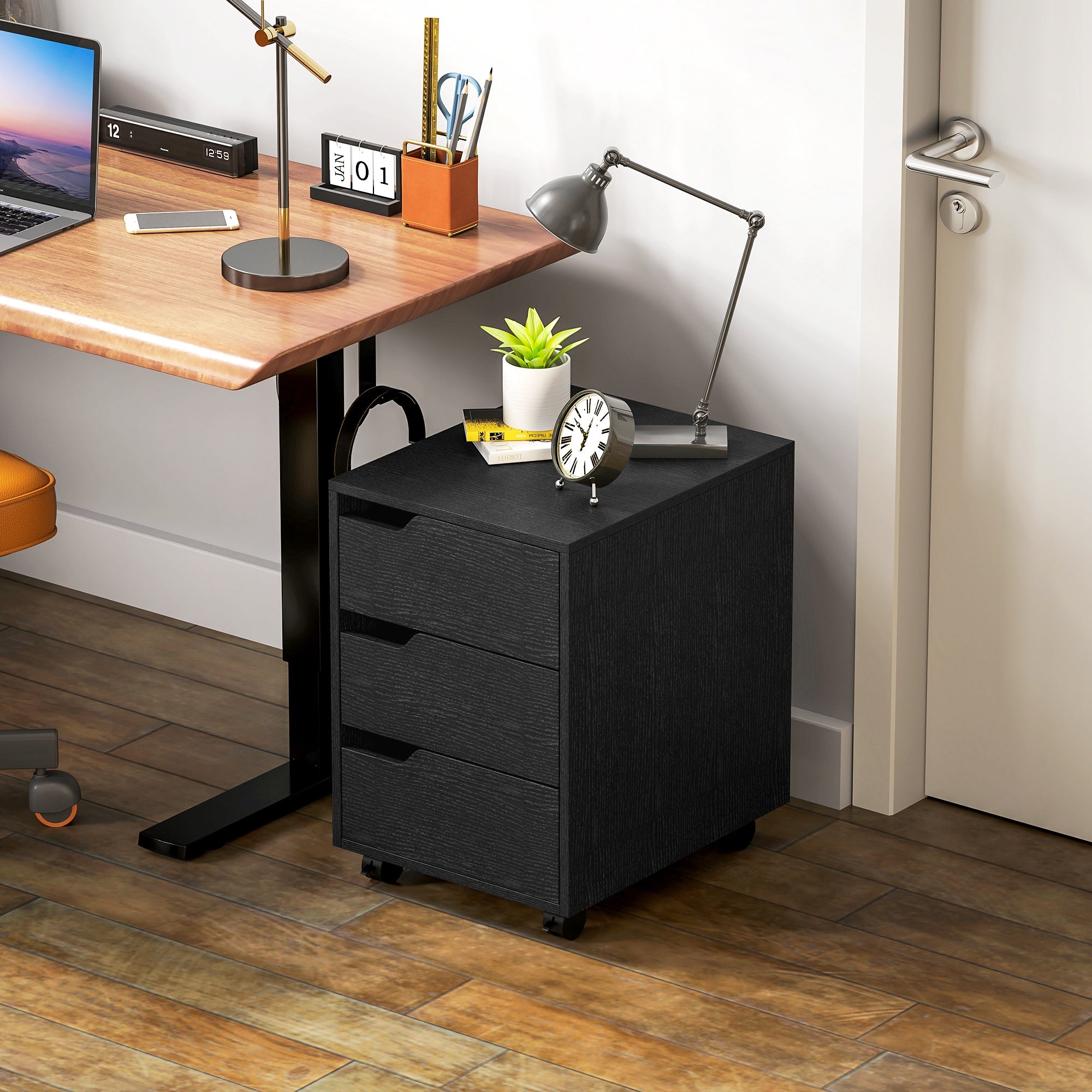 Bloco de Gavetas Móvel de Escritório com 3 Gavetas e 4 Rodas 40x50x57,5 cm - Preto