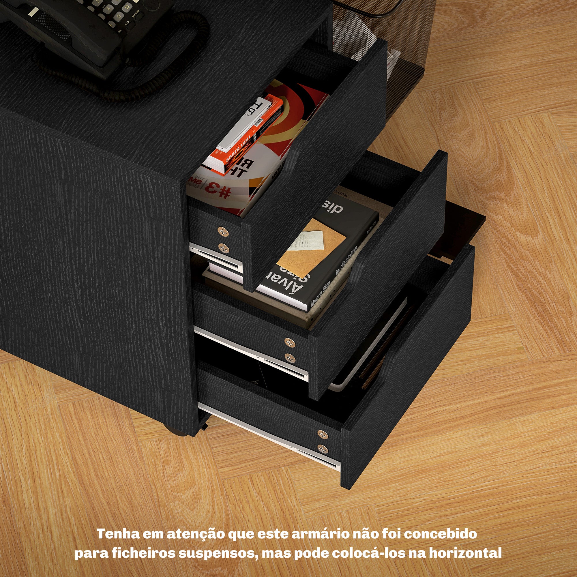 Bloco de Gavetas Móvel de Escritório com 3 Gavetas e 4 Rodas 40x50x57,5 cm - Preto