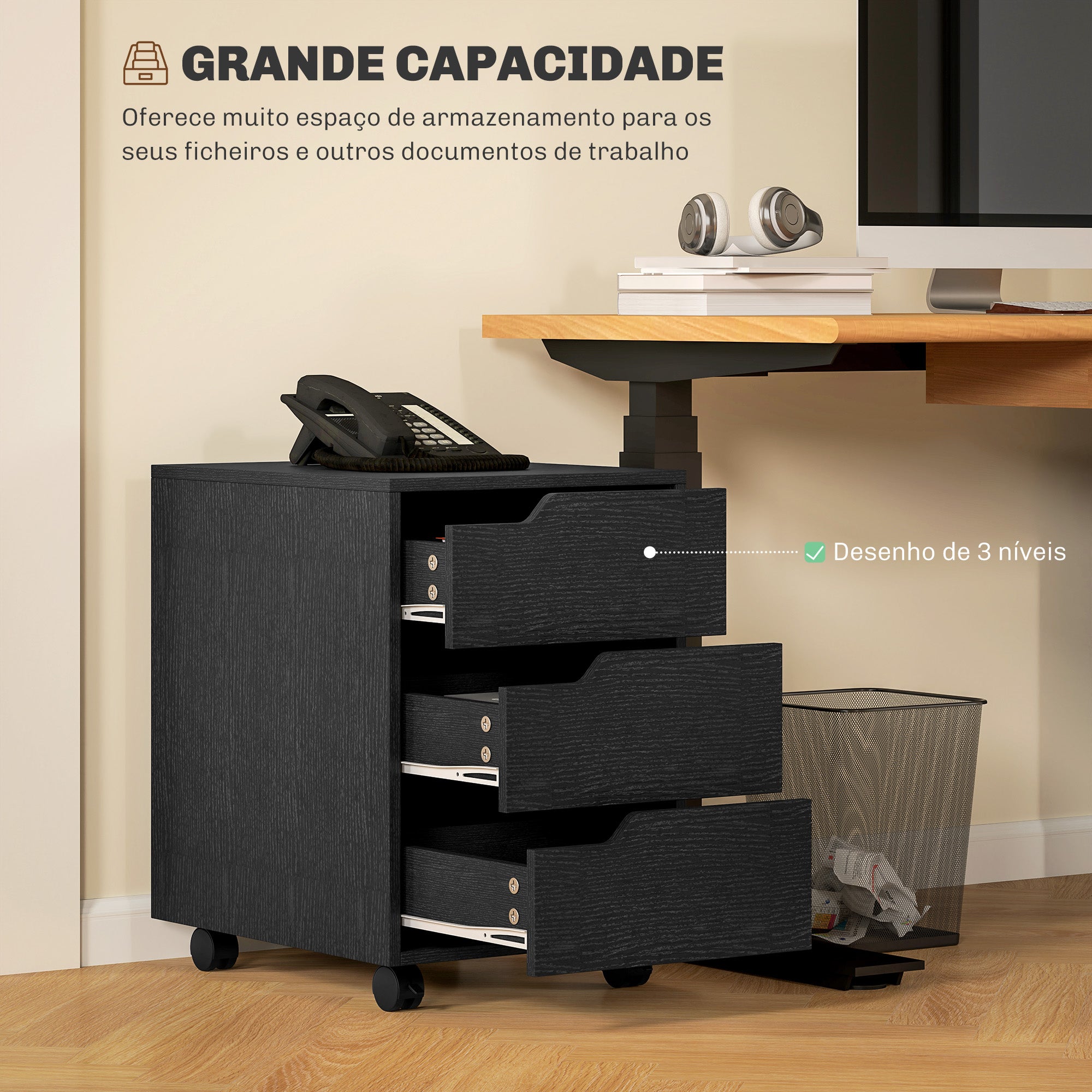 Bloco de Gavetas Móvel de Escritório com 3 Gavetas e 4 Rodas 40x50x57,5 cm - Preto