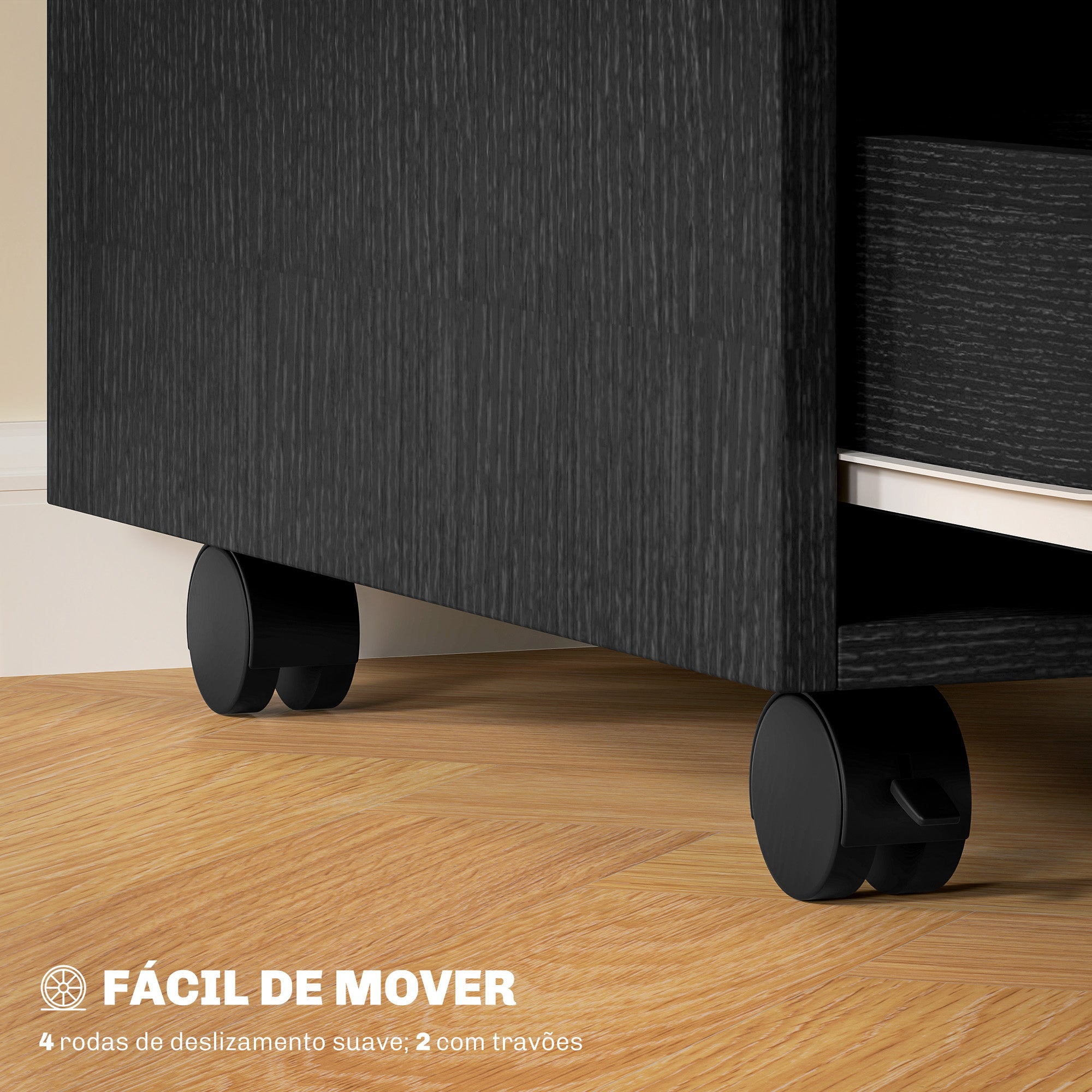 Bloco de Gavetas Móvel de Escritório com 3 Gavetas e 4 Rodas 40x50x57,5 cm - Preto
