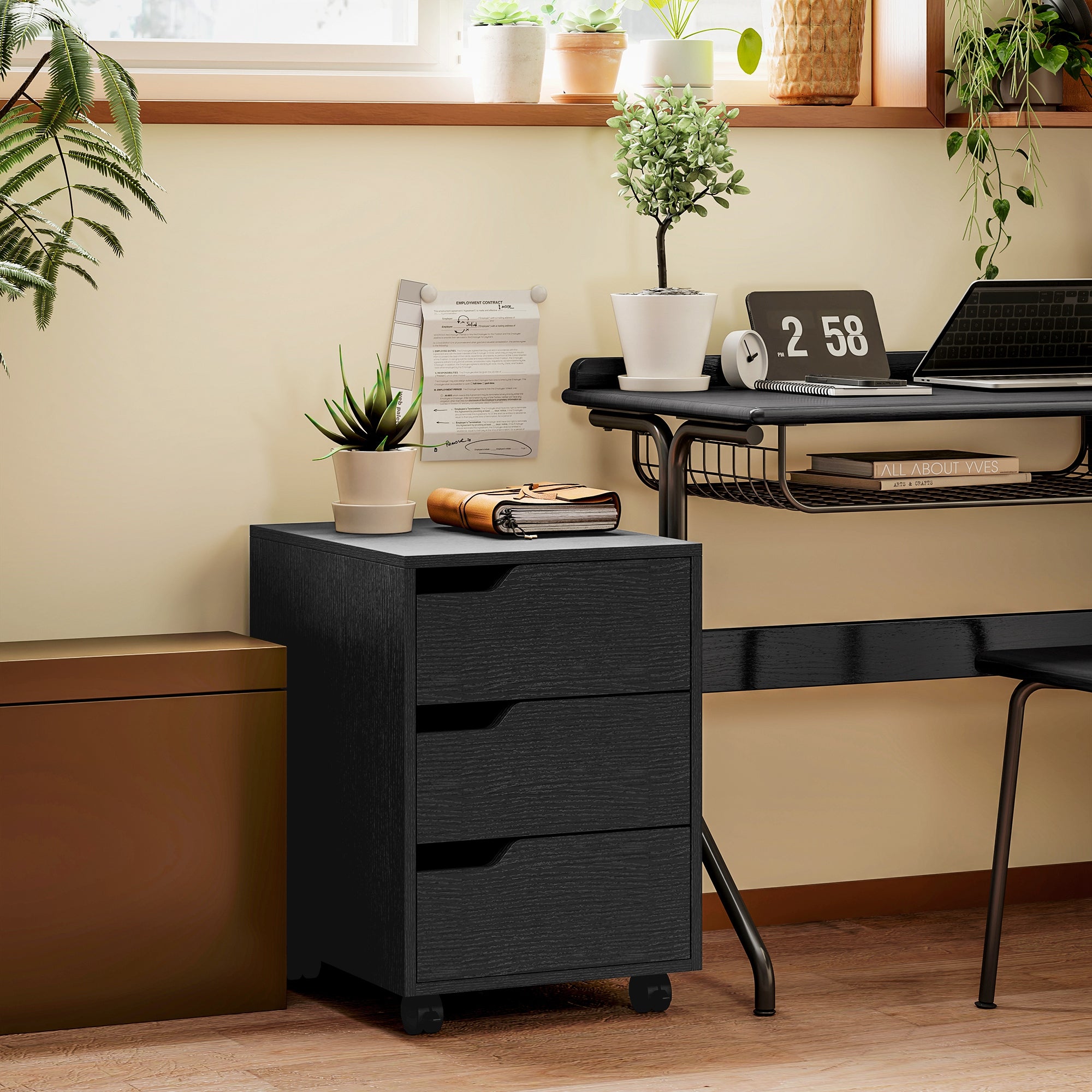 Bloco de Gavetas Móvel de Escritório com 3 Gavetas e 4 Rodas 40x50x57,5 cm - Preto