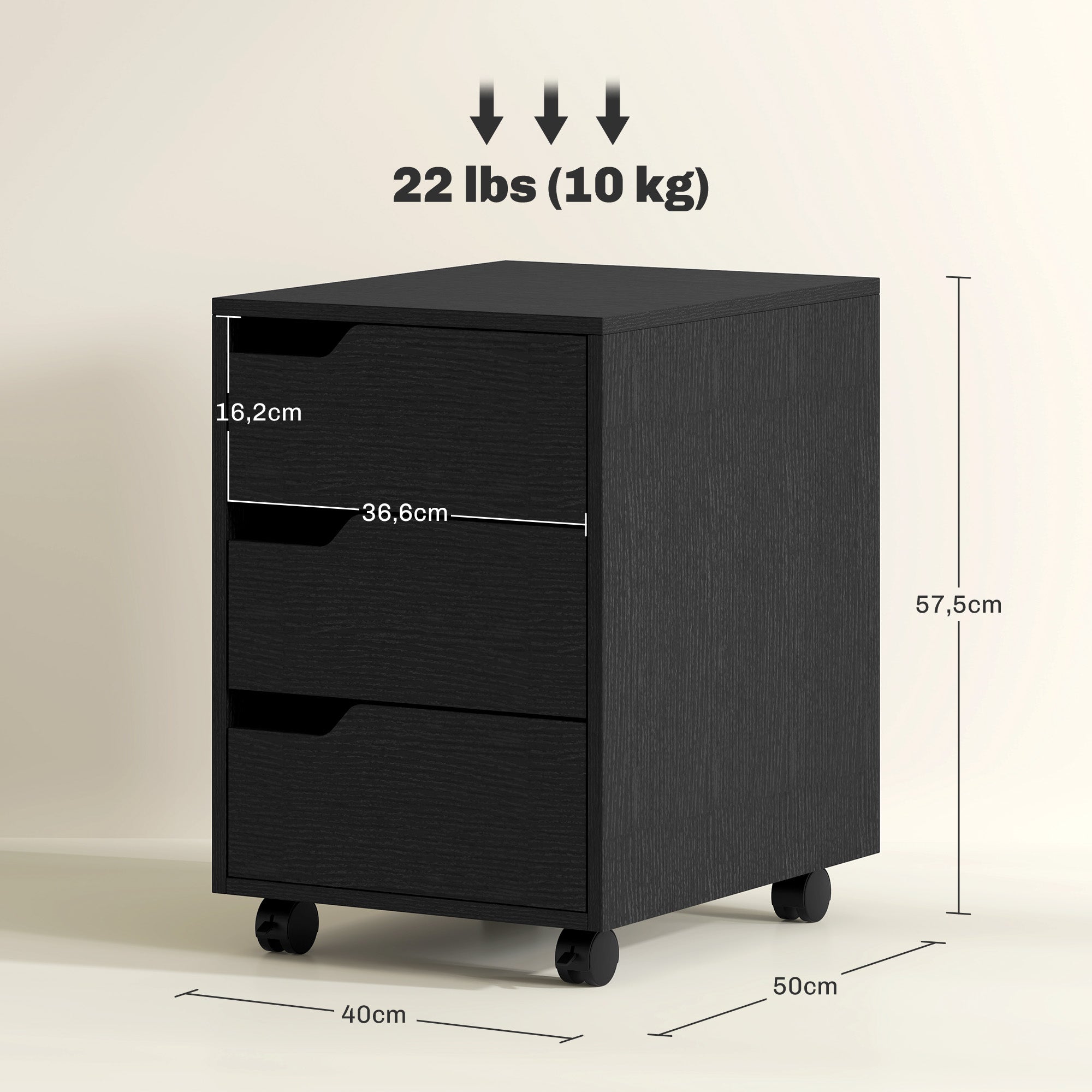 Bloco de Gavetas Móvel de Escritório com 3 Gavetas e 4 Rodas 40x50x57,5 cm - Preto