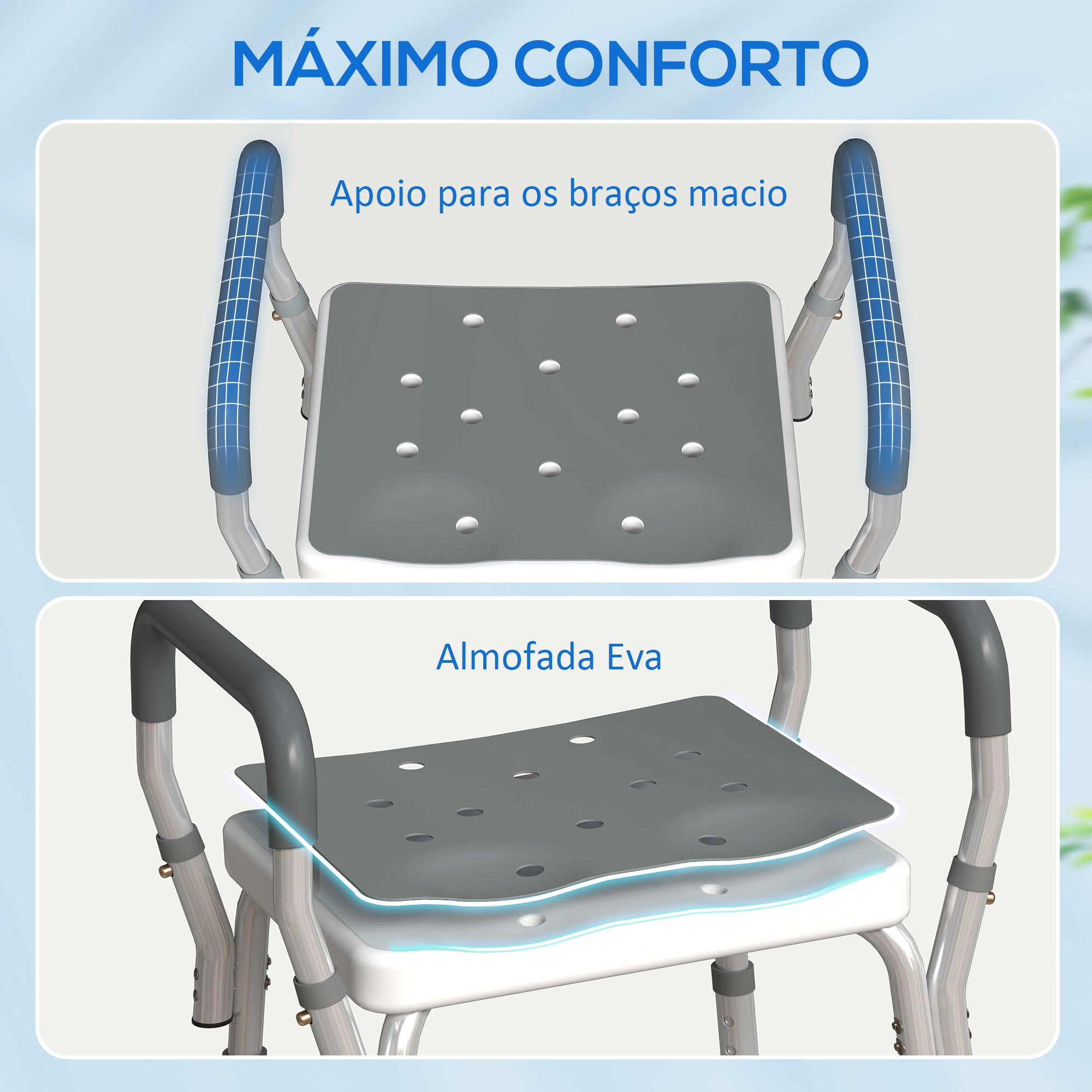 Banco de Duche para Pessoas Idosas – 52x45x57-69 cm – Cinzento – Alumínio e HDPE