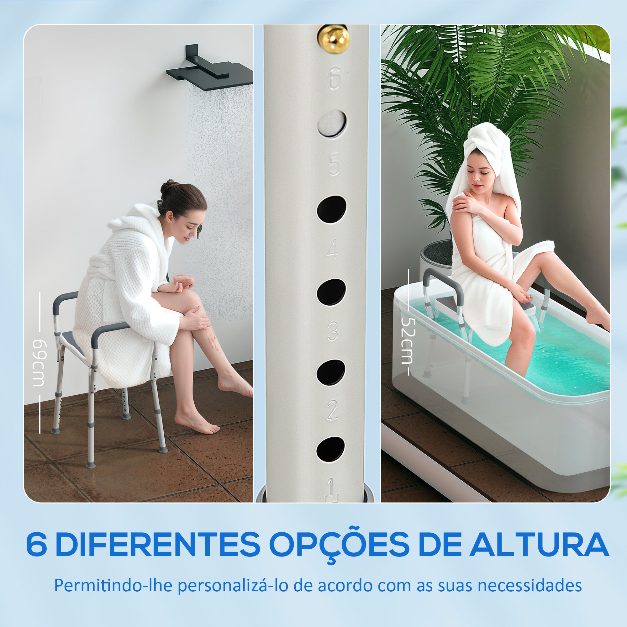 Banco de Duche para Pessoas Idosas – 52x45x57-69 cm – Cinzento – Alumínio e HDPE