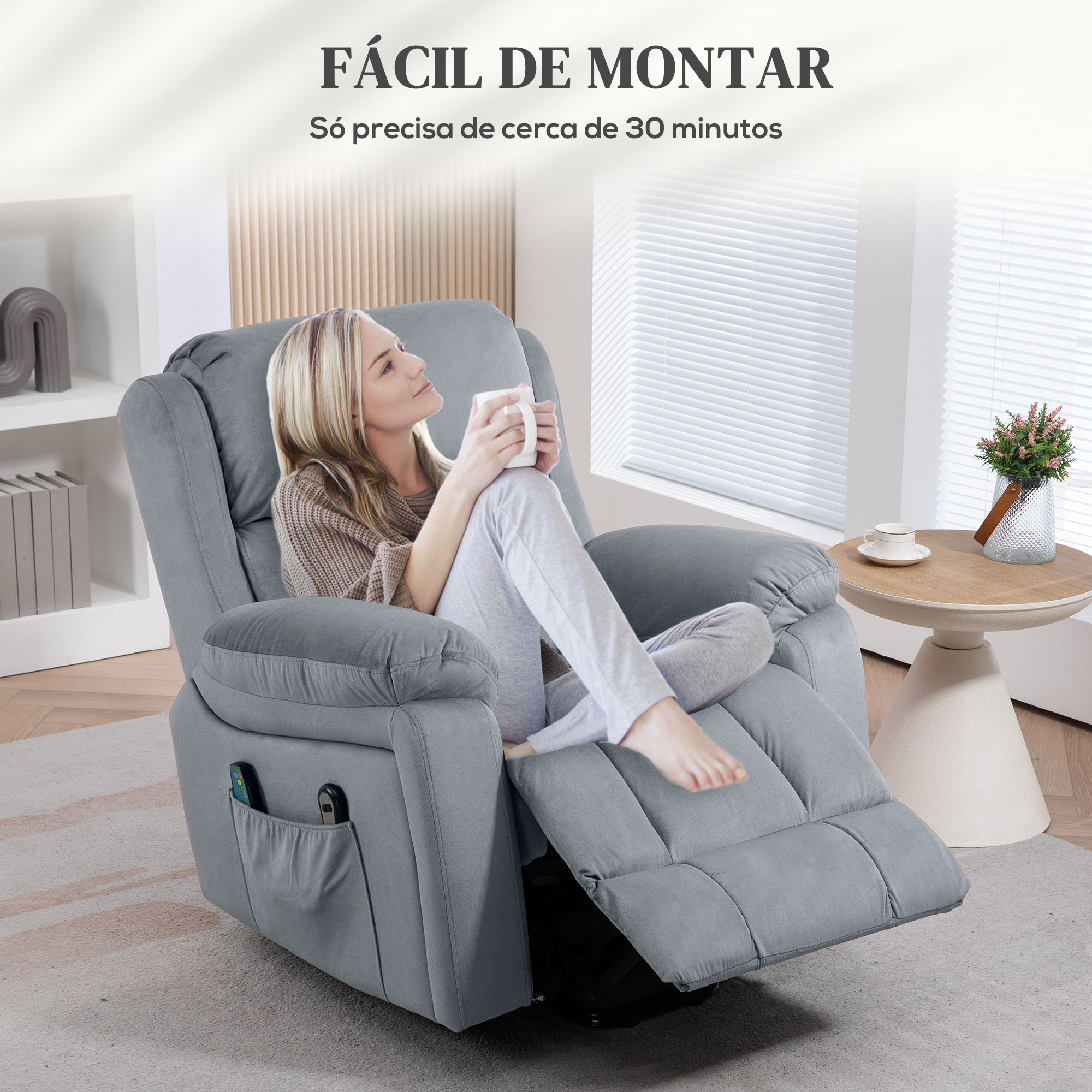 Poltrona Relax Cinzenta 90x95x103 cm com Massagem e Aquecimento