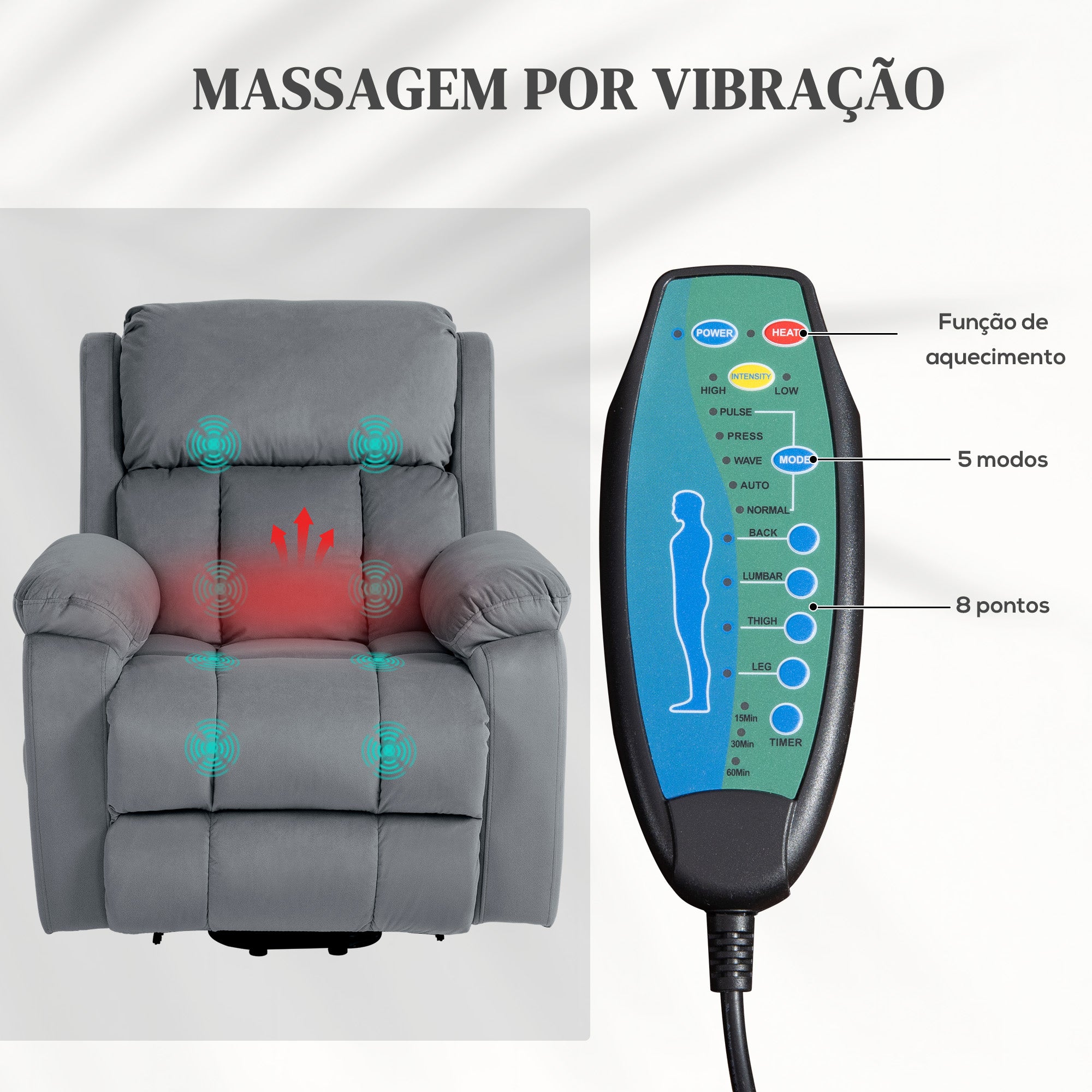Poltrona Relax Cinzenta 90x95x103 cm com Massagem e Aquecimento