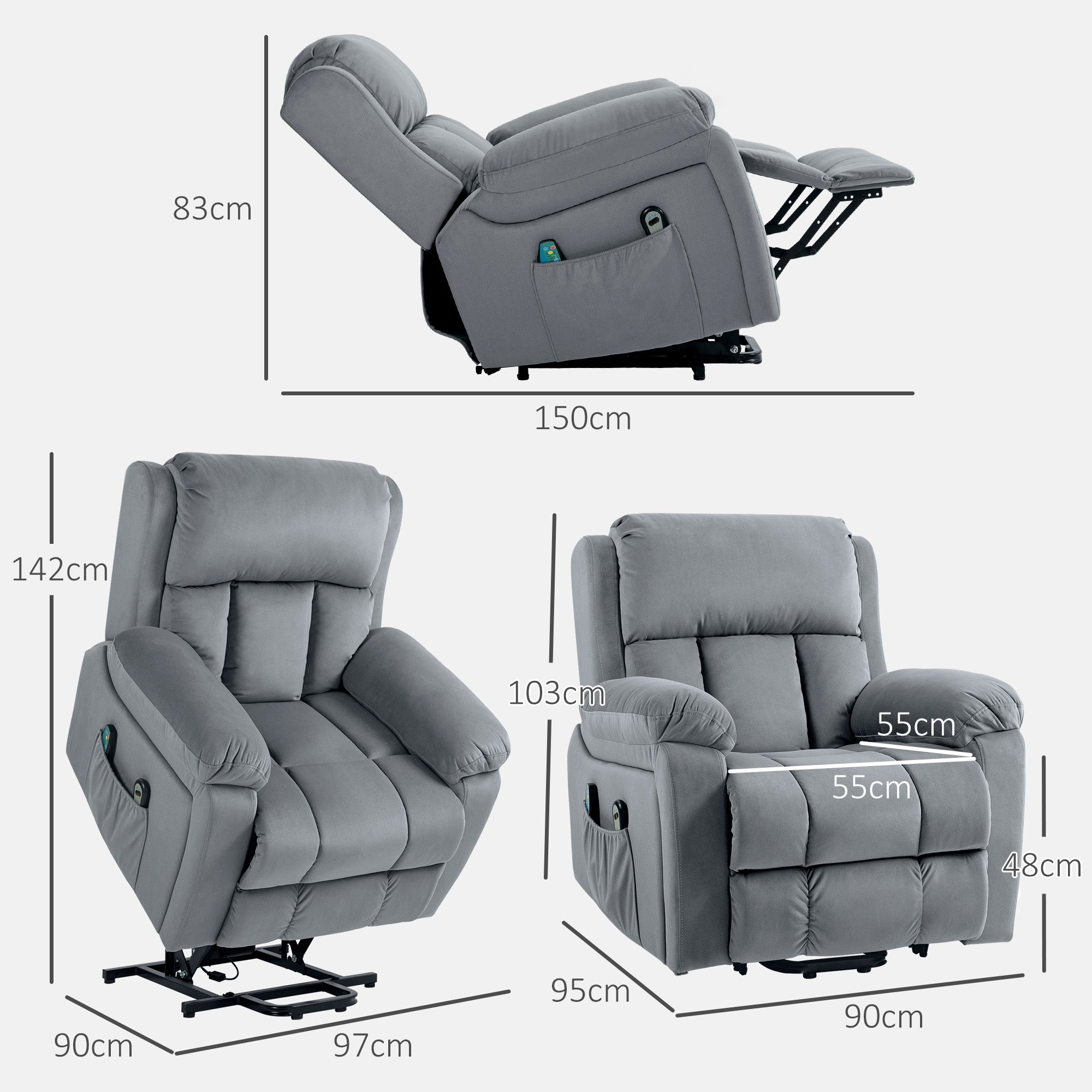 Poltrona Relax Cinzenta 90x95x103 cm com Massagem e Aquecimento