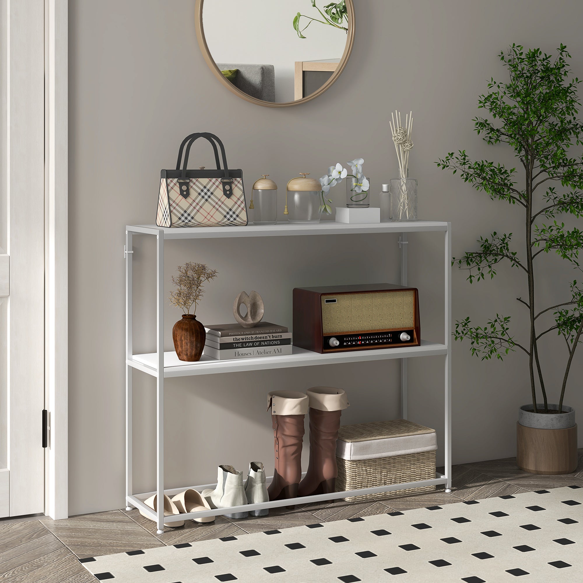 Mesa Consola de Entrada Branca 100x30x87 cm - Estante Aberto e Estrutura de Aço