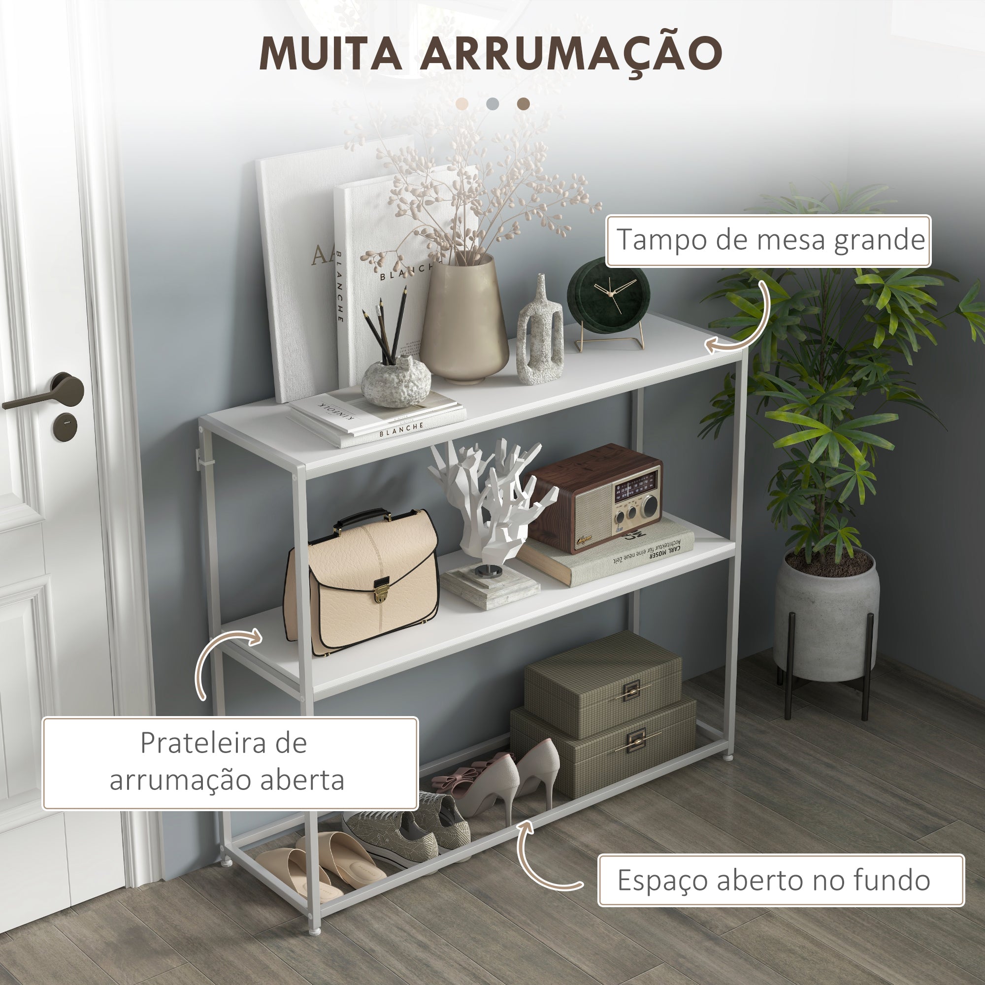 Mesa Consola de Entrada Branca 100x30x87 cm - Estante Aberto e Estrutura de Aço