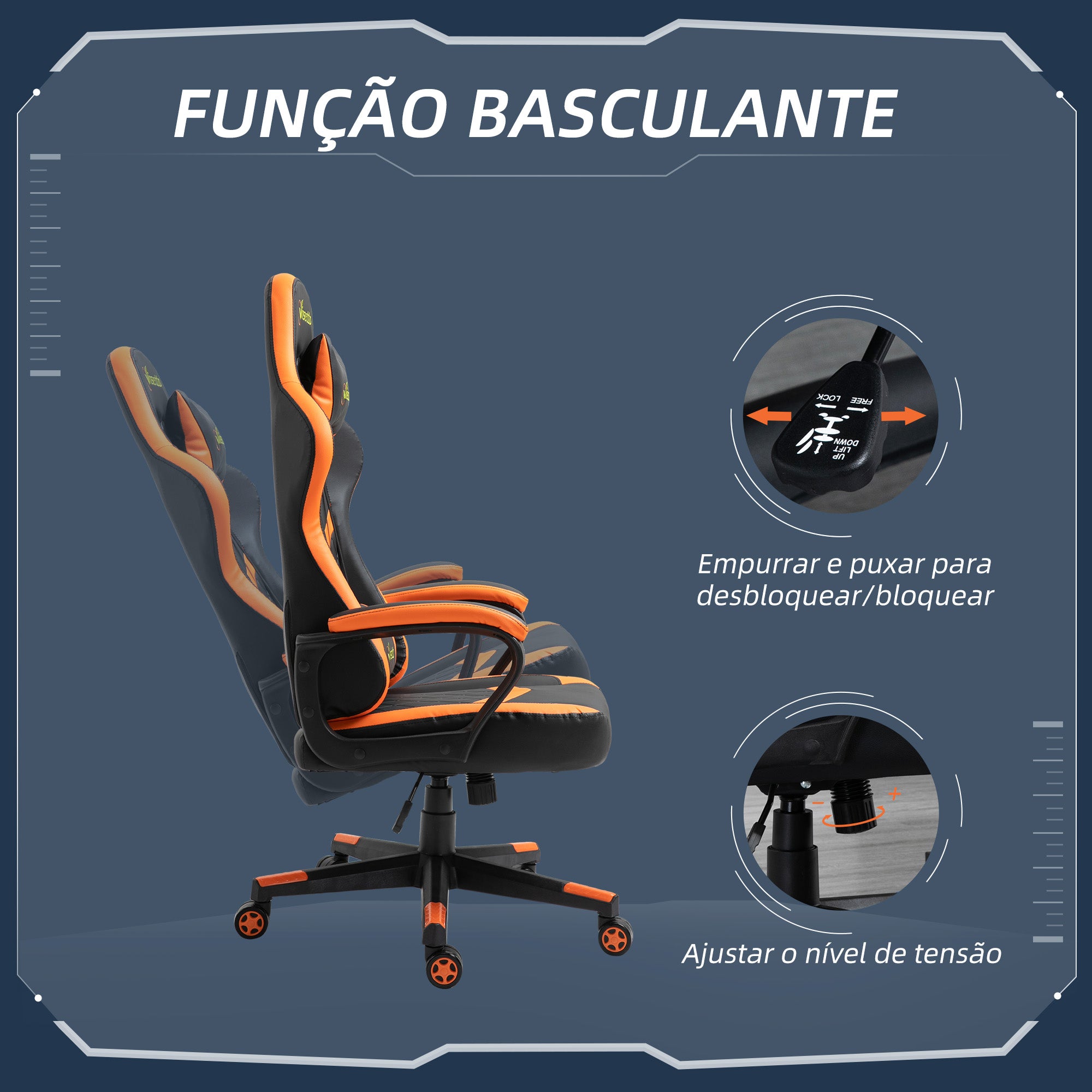 Cadeira Ergonómica Gaming Laranja 61x70x121-129 cm
