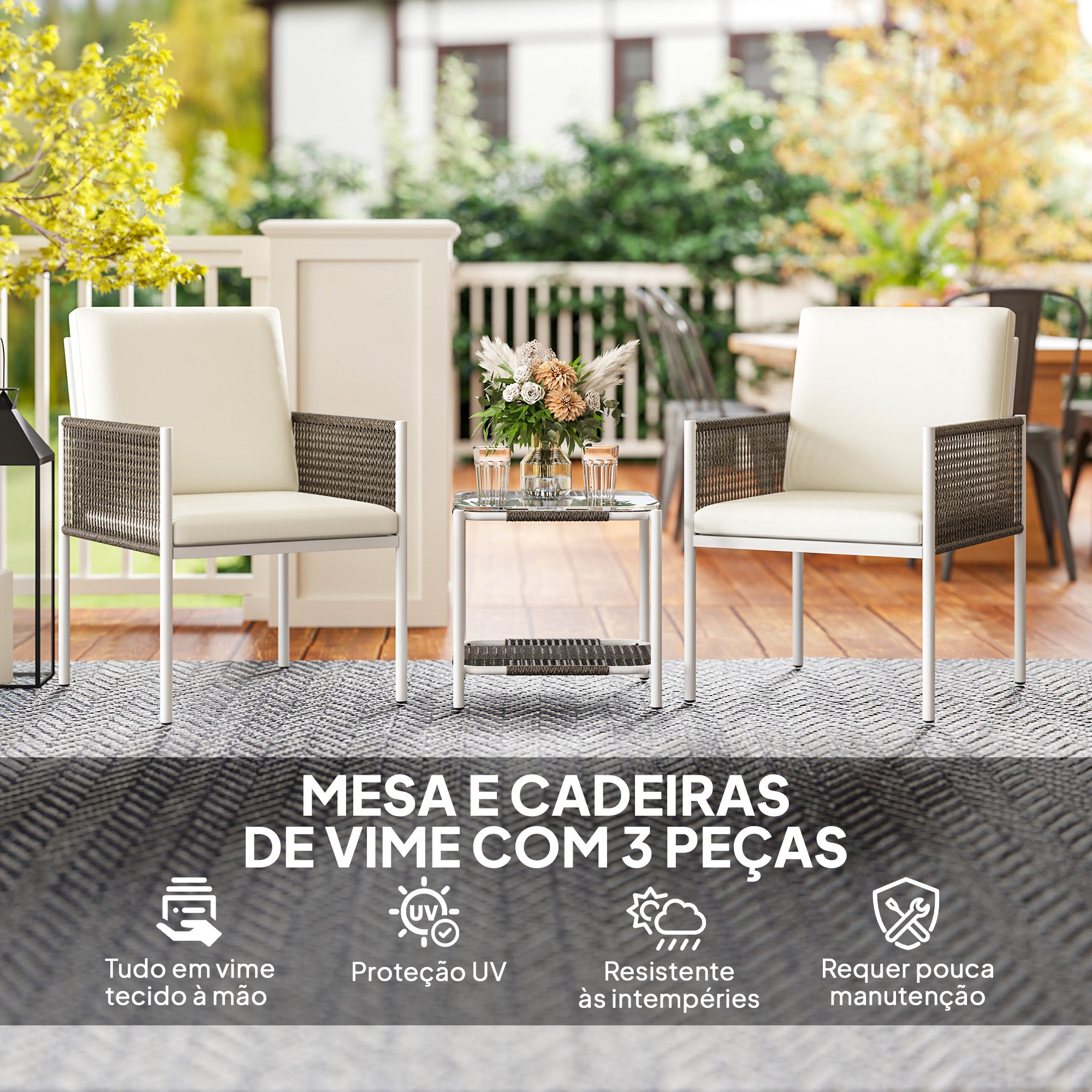 Conjunto de Jardim 3 Peças Creme 82x59x64 cm