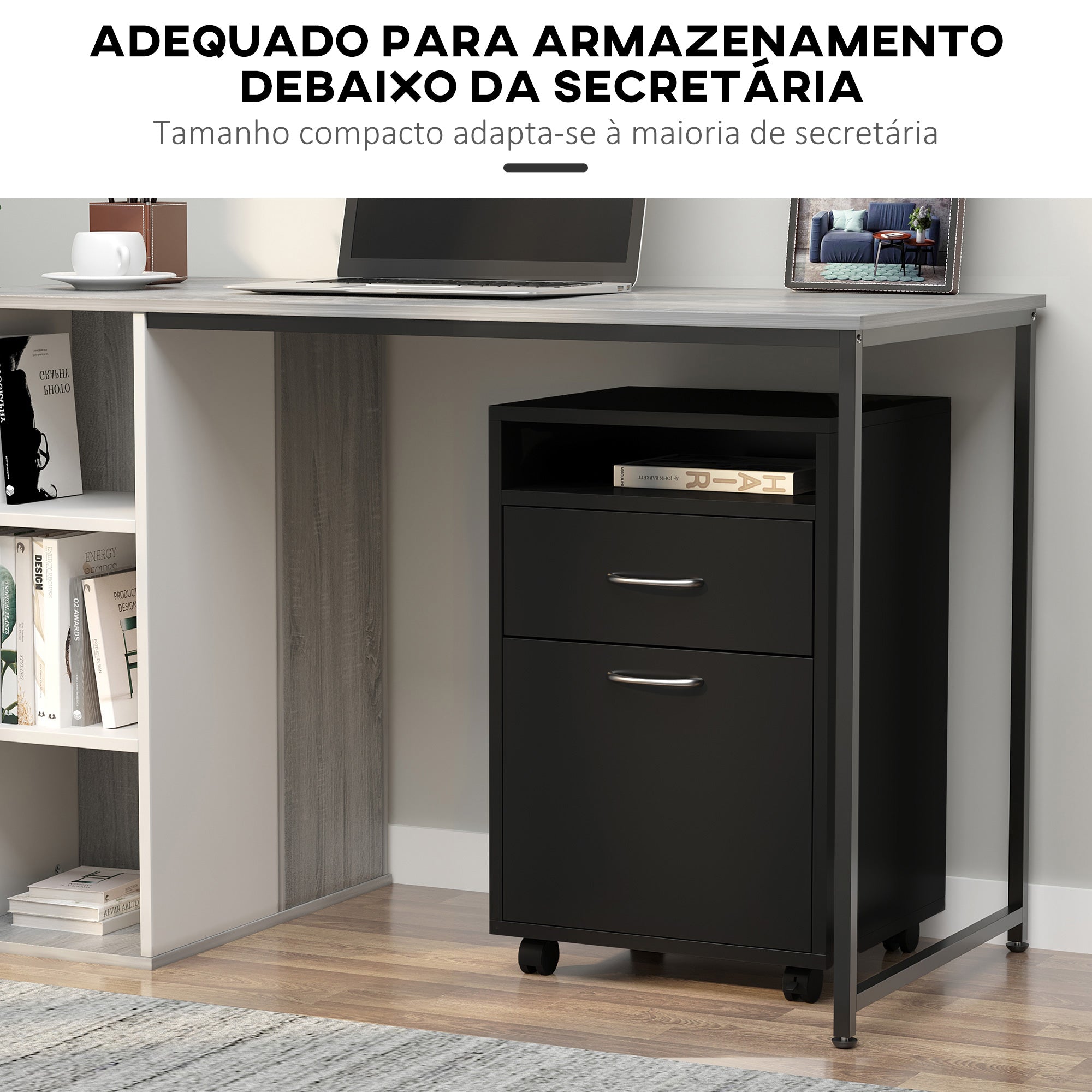 Bloco de Gavetas de Escritório com Armário e Gaveta Móvel 40x35x60 cm - Preto