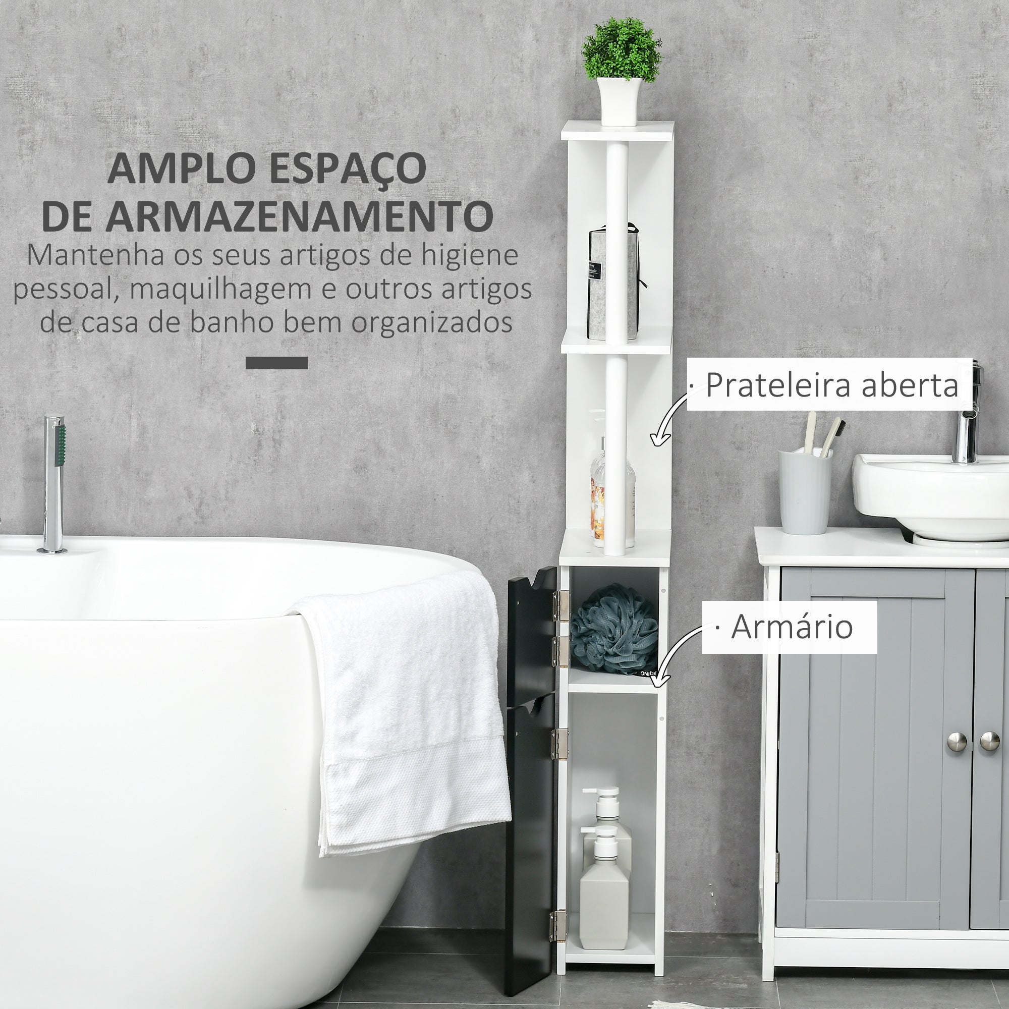 Coluna Auxiliar Casa de Banho Moderna 15,2x29,8x118 cm Branco e Preto