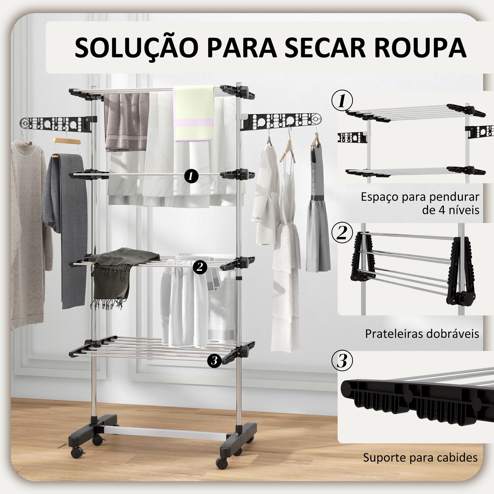 Estendal Vertical Dobrável de 4 Níveis Preto e Prata 142x55x172 cm