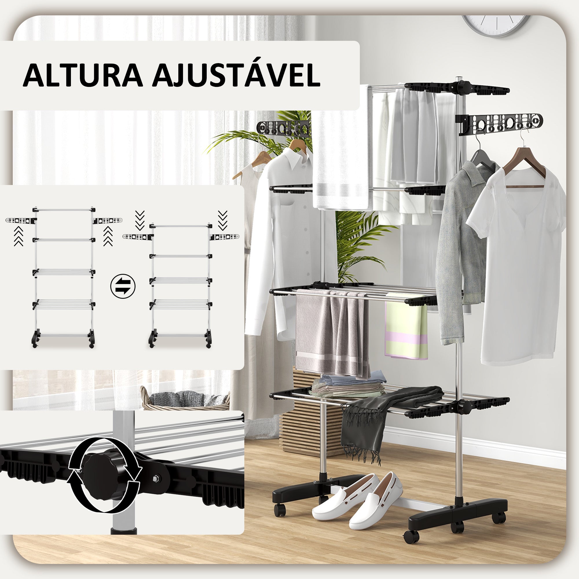 Estendal Vertical Dobrável de 4 Níveis Preto e Prata 142x55x172 cm