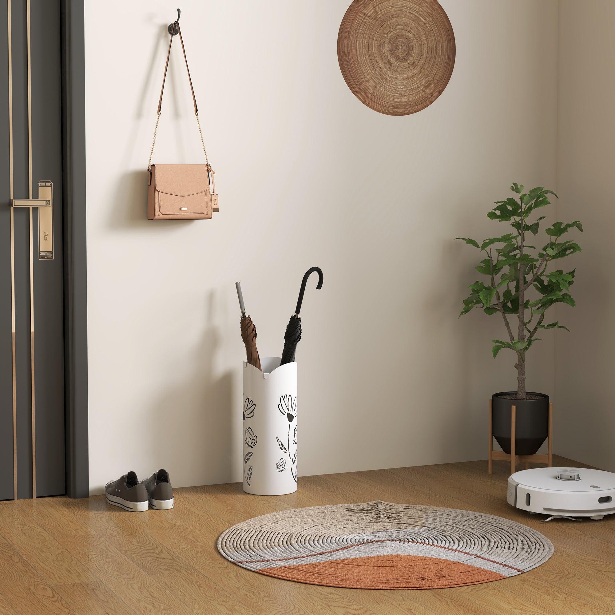 Suporte para Guarda-Chuva Branco 17x17x41 cm com Bandeja Amovível e 4 Ganchos