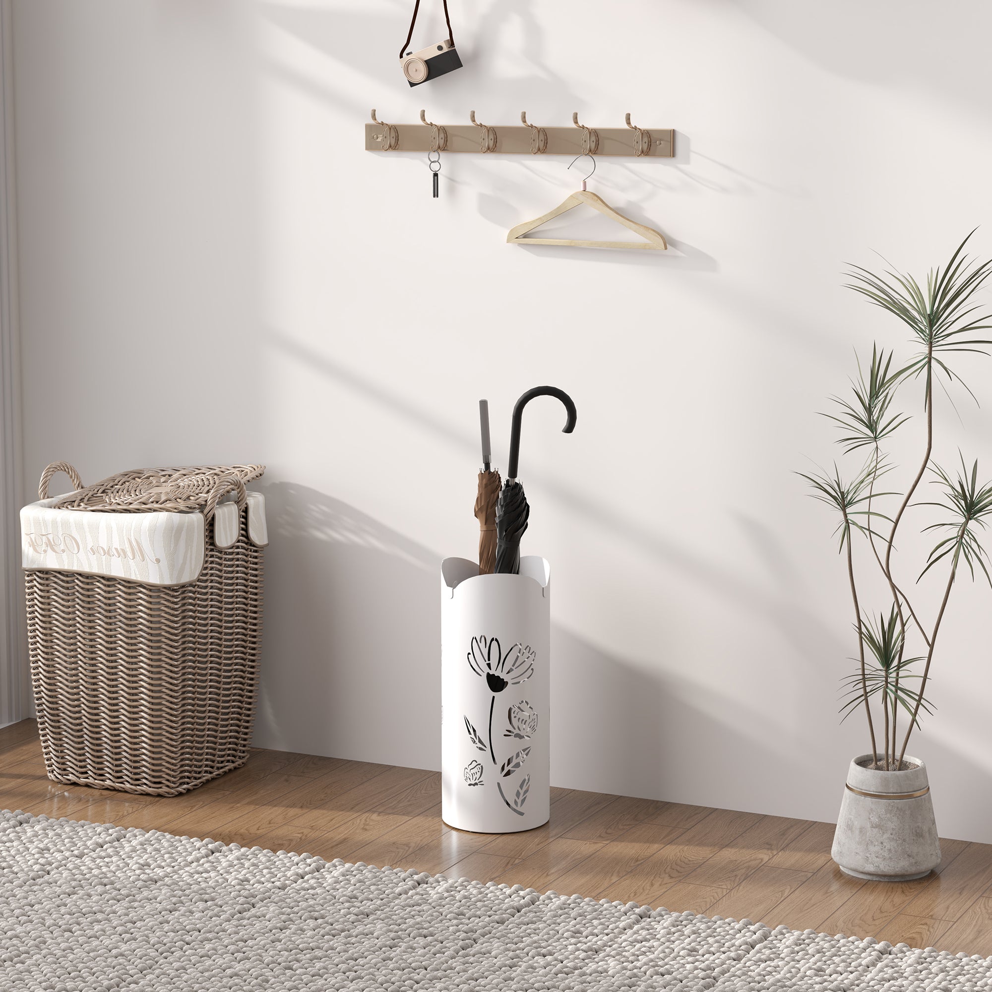 Suporte para Guarda-Chuva Branco 17x17x41 cm com Bandeja Amovível e 4 Ganchos